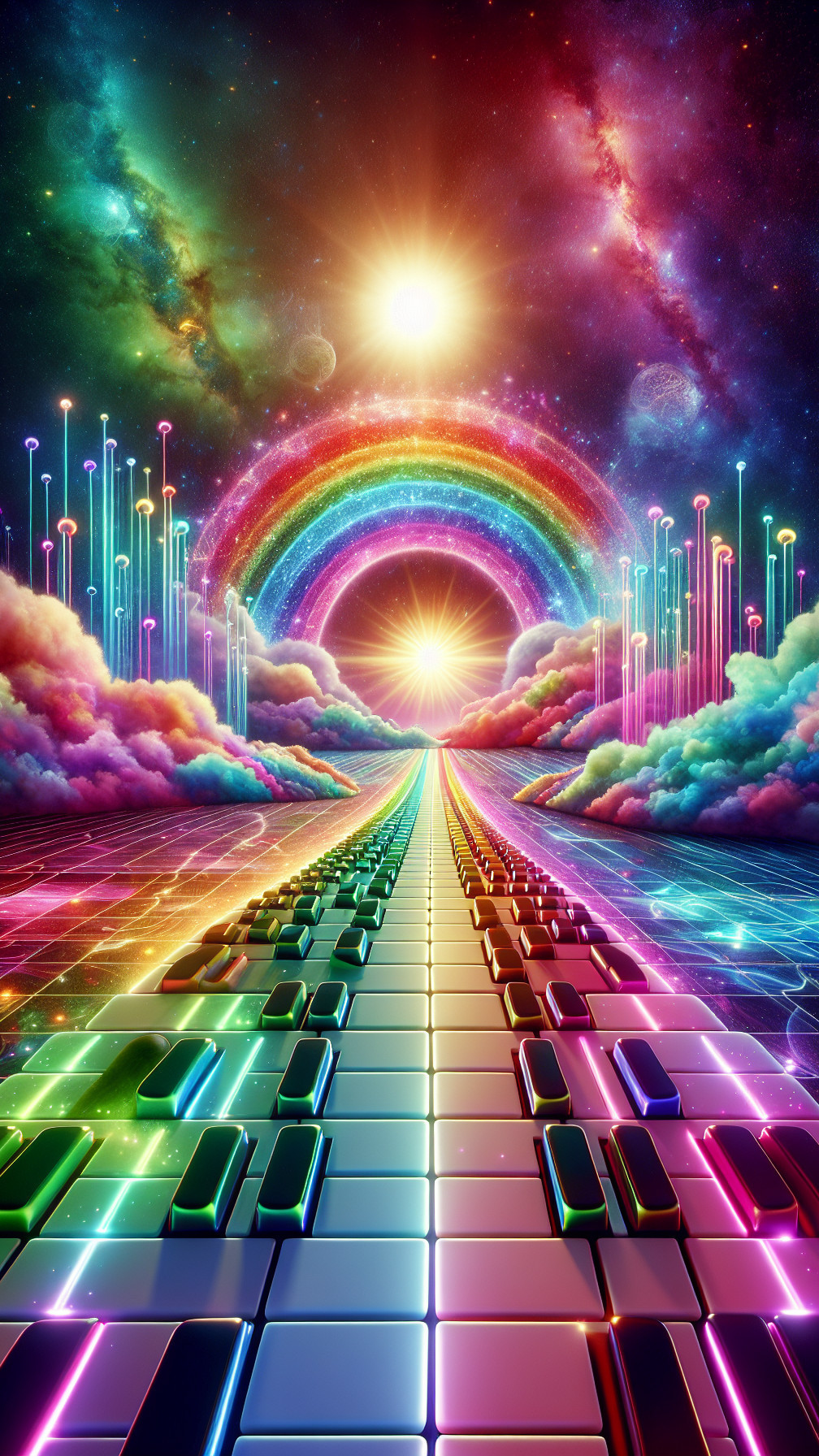 Surreal Landscape with Rainbow and Cosmic Elements