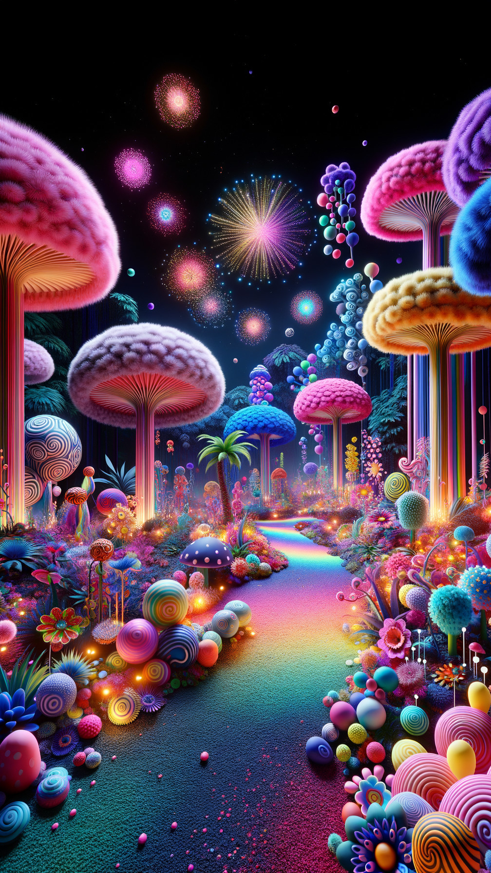 Surreal Landscape with Colorful Mushrooms and Stars