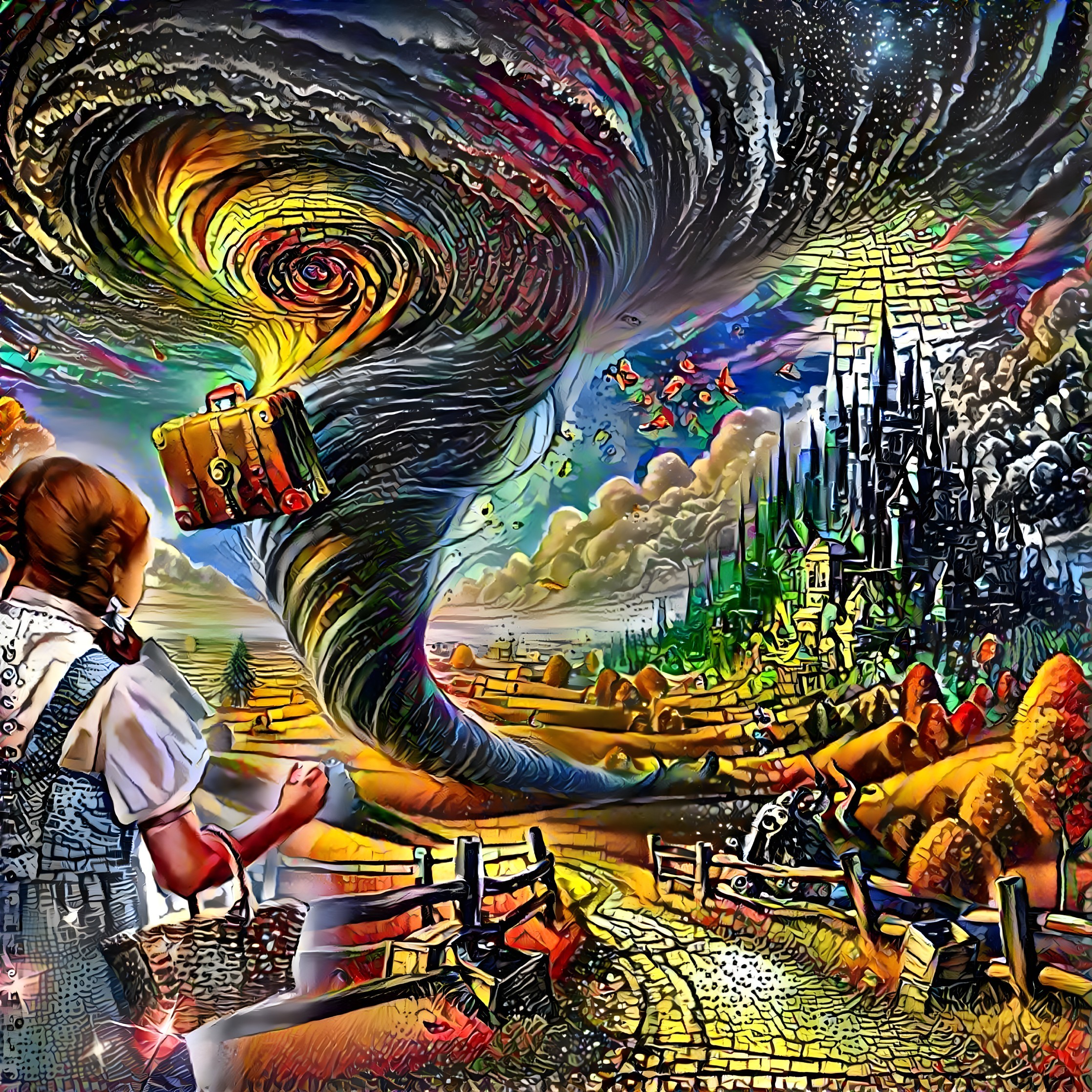 Surreal Landscape with Colorful Tornado and Castle