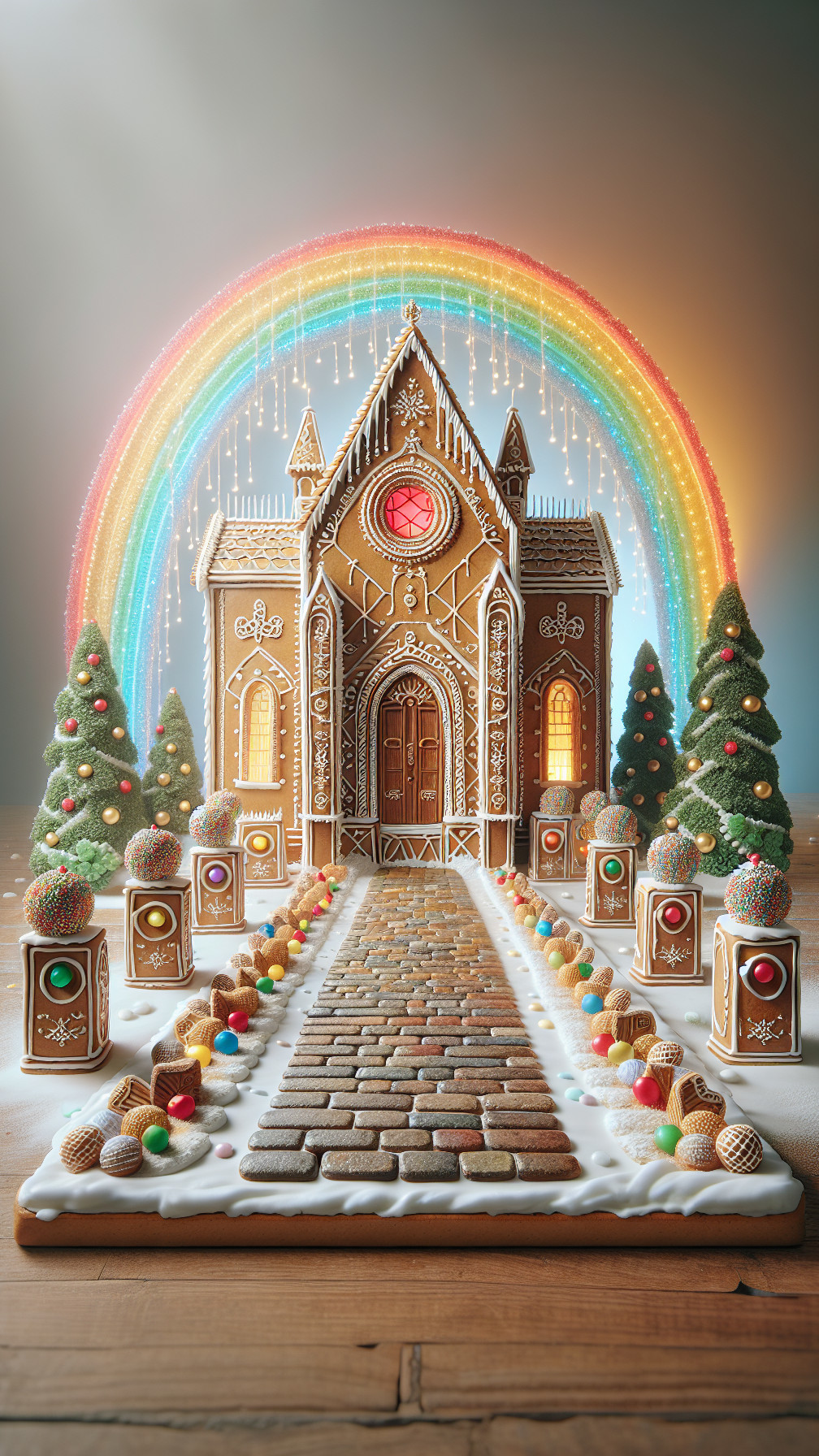 Gingerbread church with candy accents and festive decor