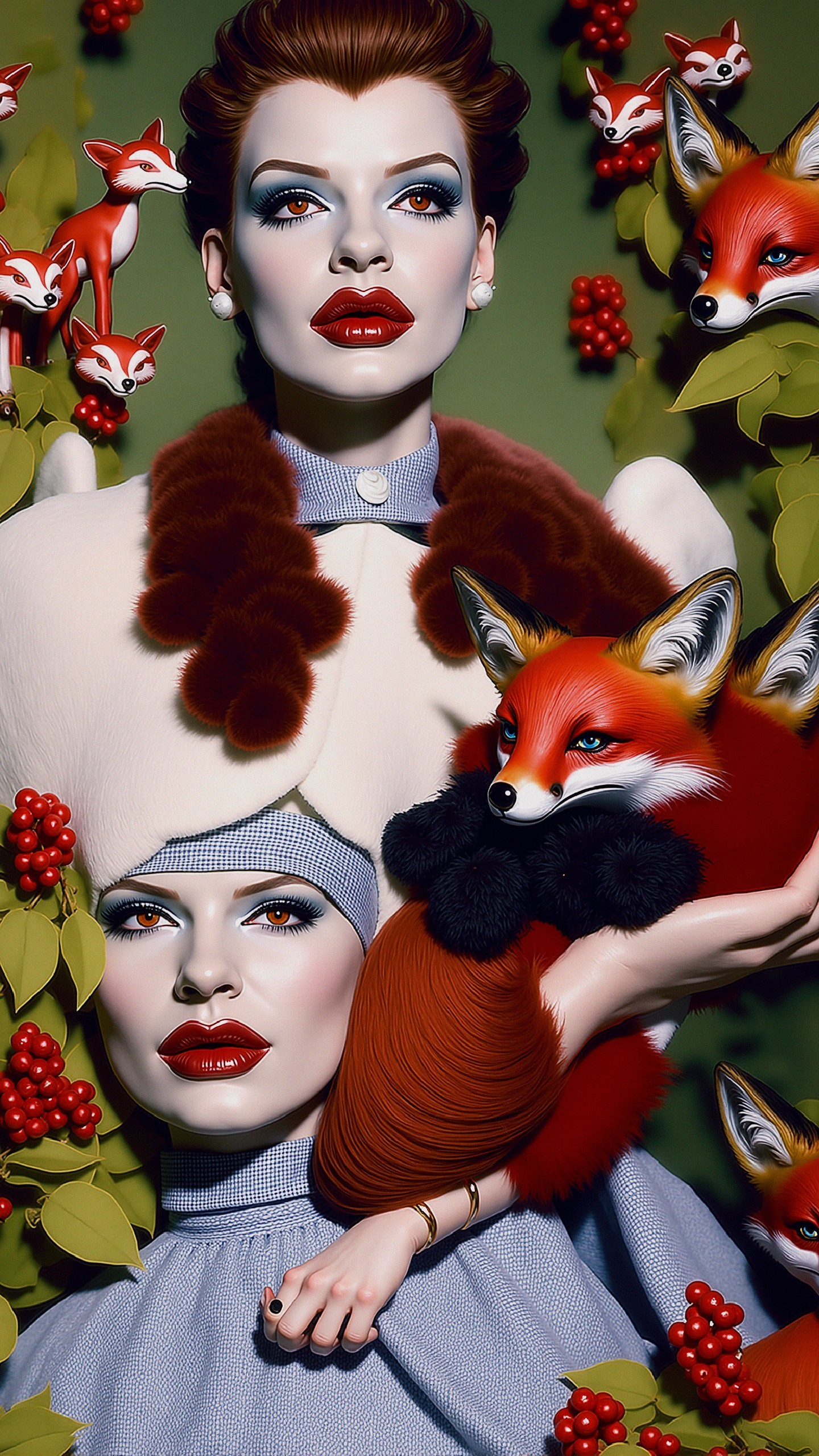 Elegant Women in Fashion Surrounded by Greenery and Foxes