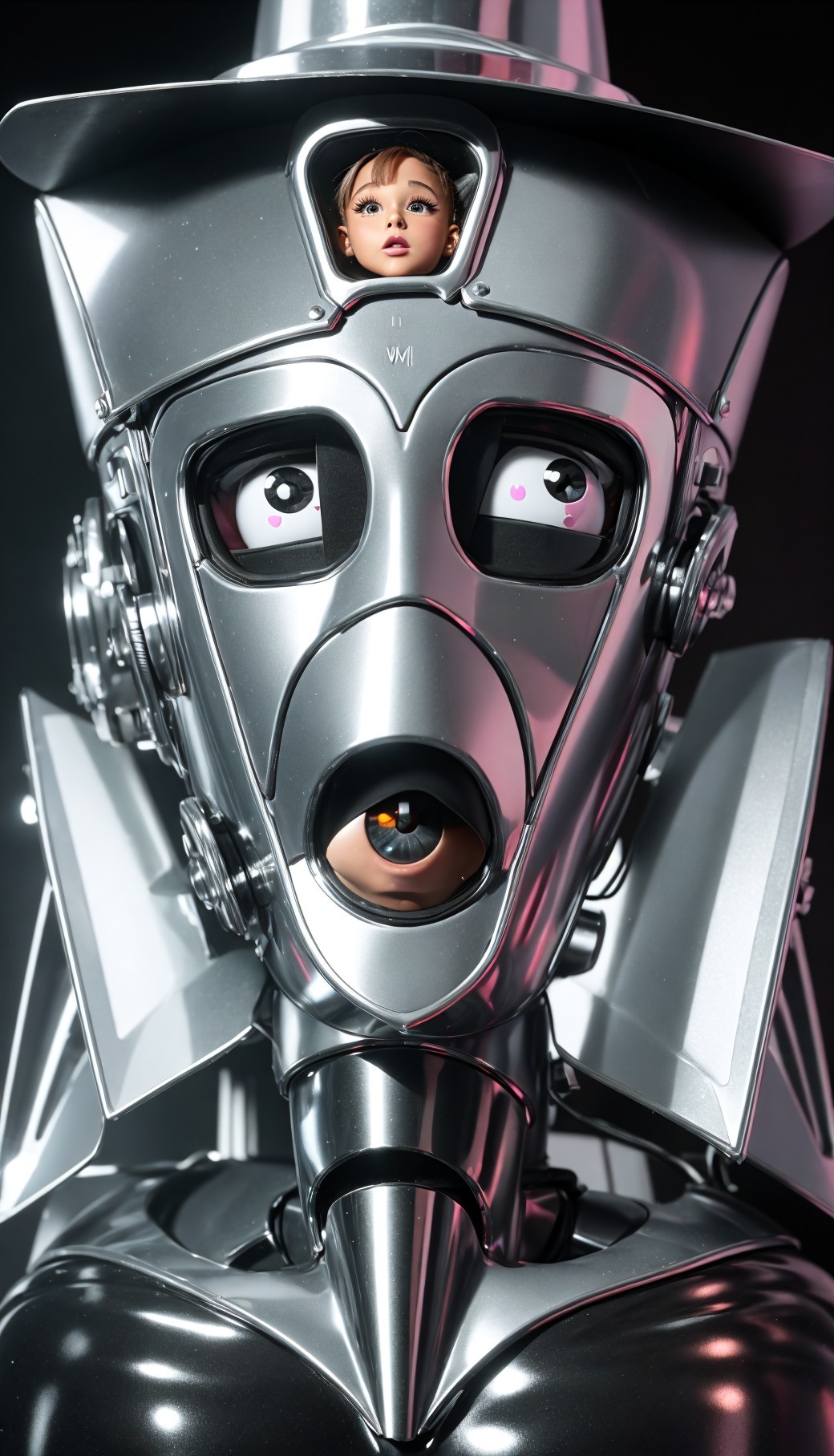 Sleek Metallic Robot Head with Whimsical Figure