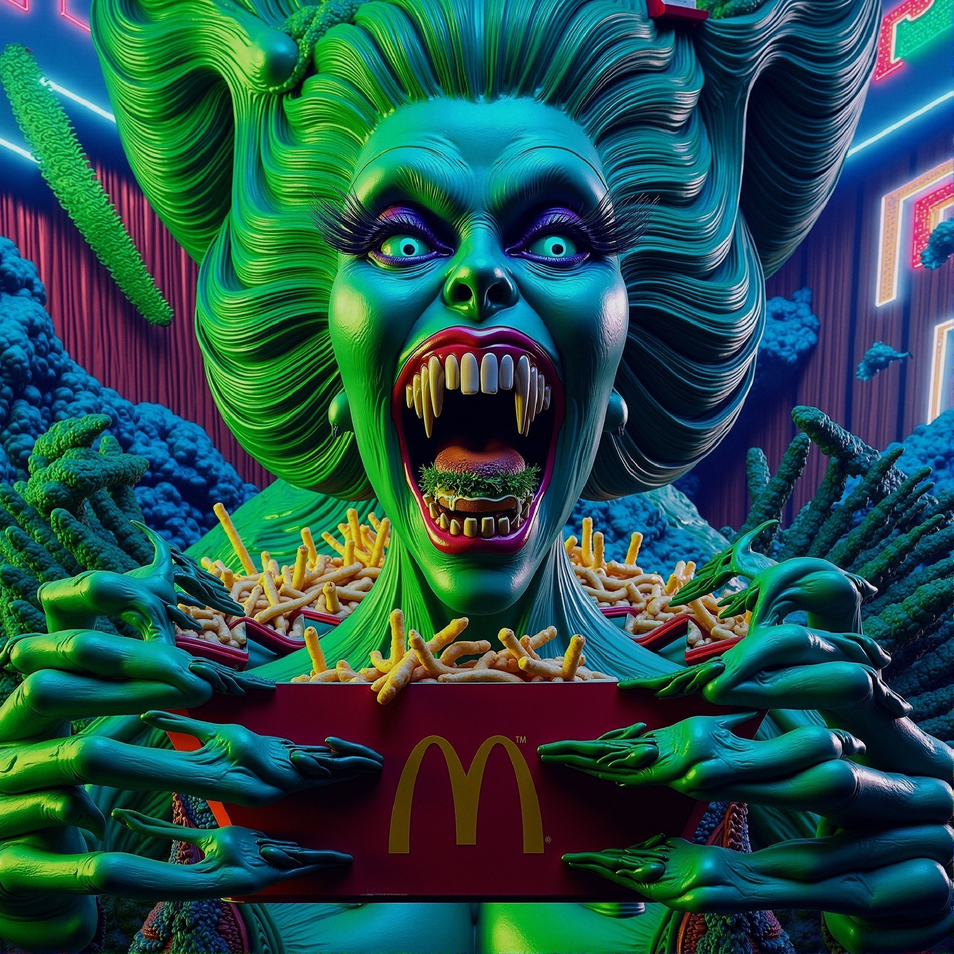 Fantastical Creature with Vibrant Skin and Fries Box