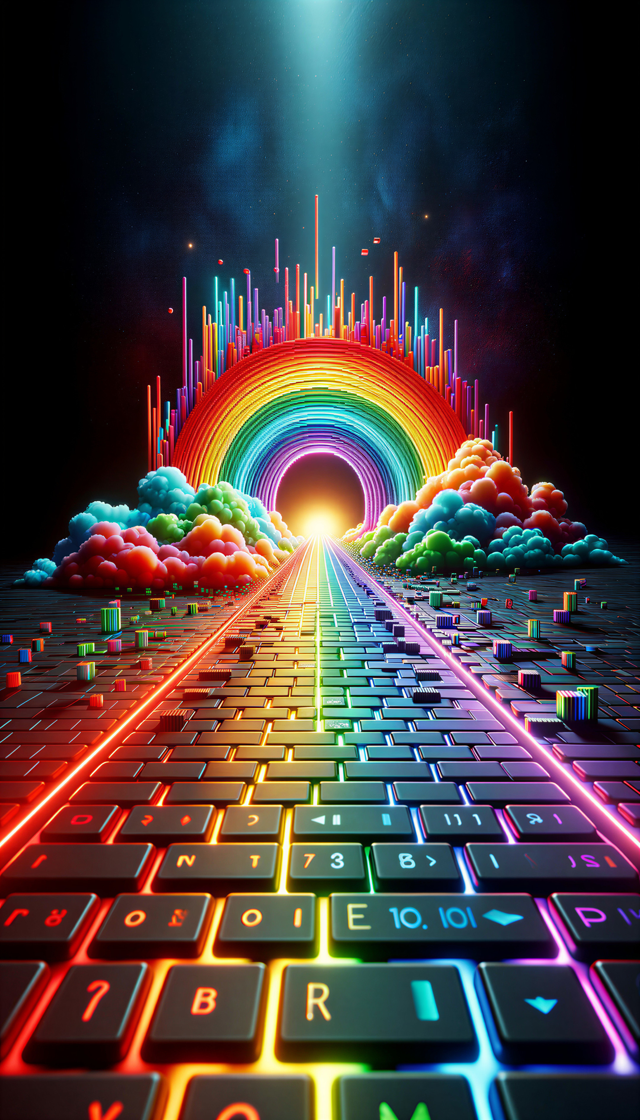 Surreal Landscape with Rainbow and Digital Pathway