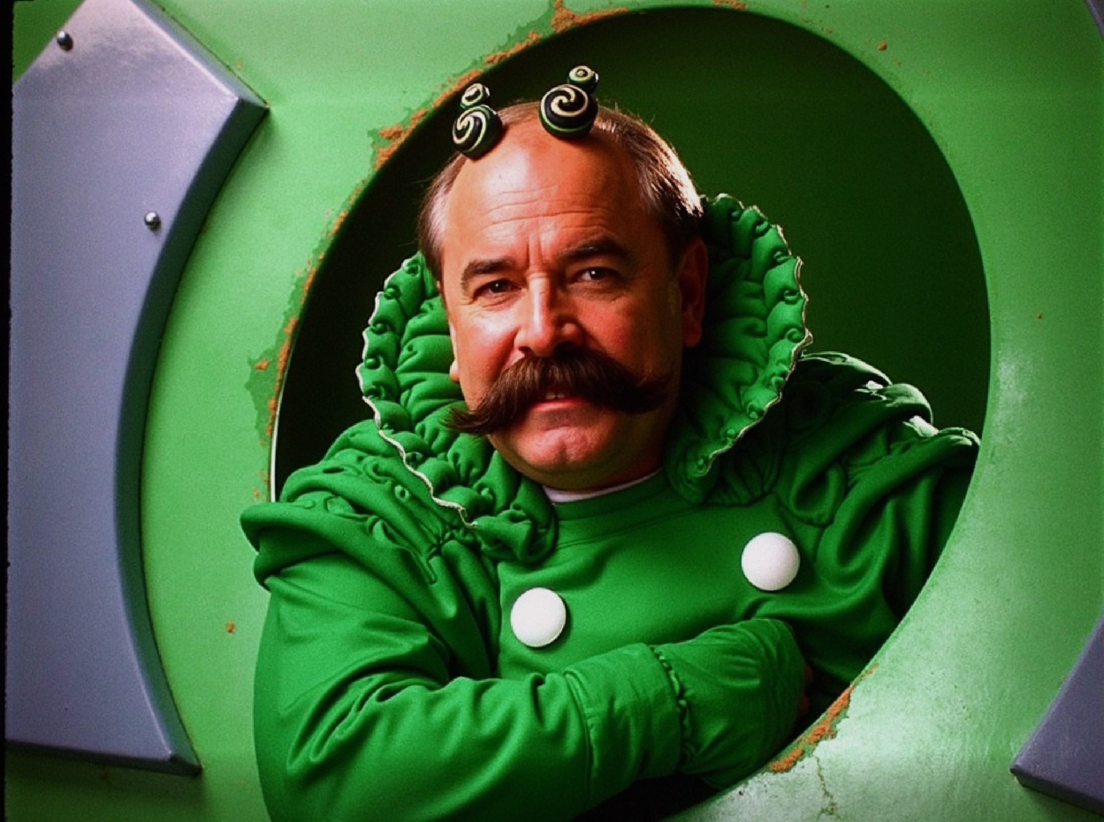 Whimsical Character in Green Circular Frame Design
