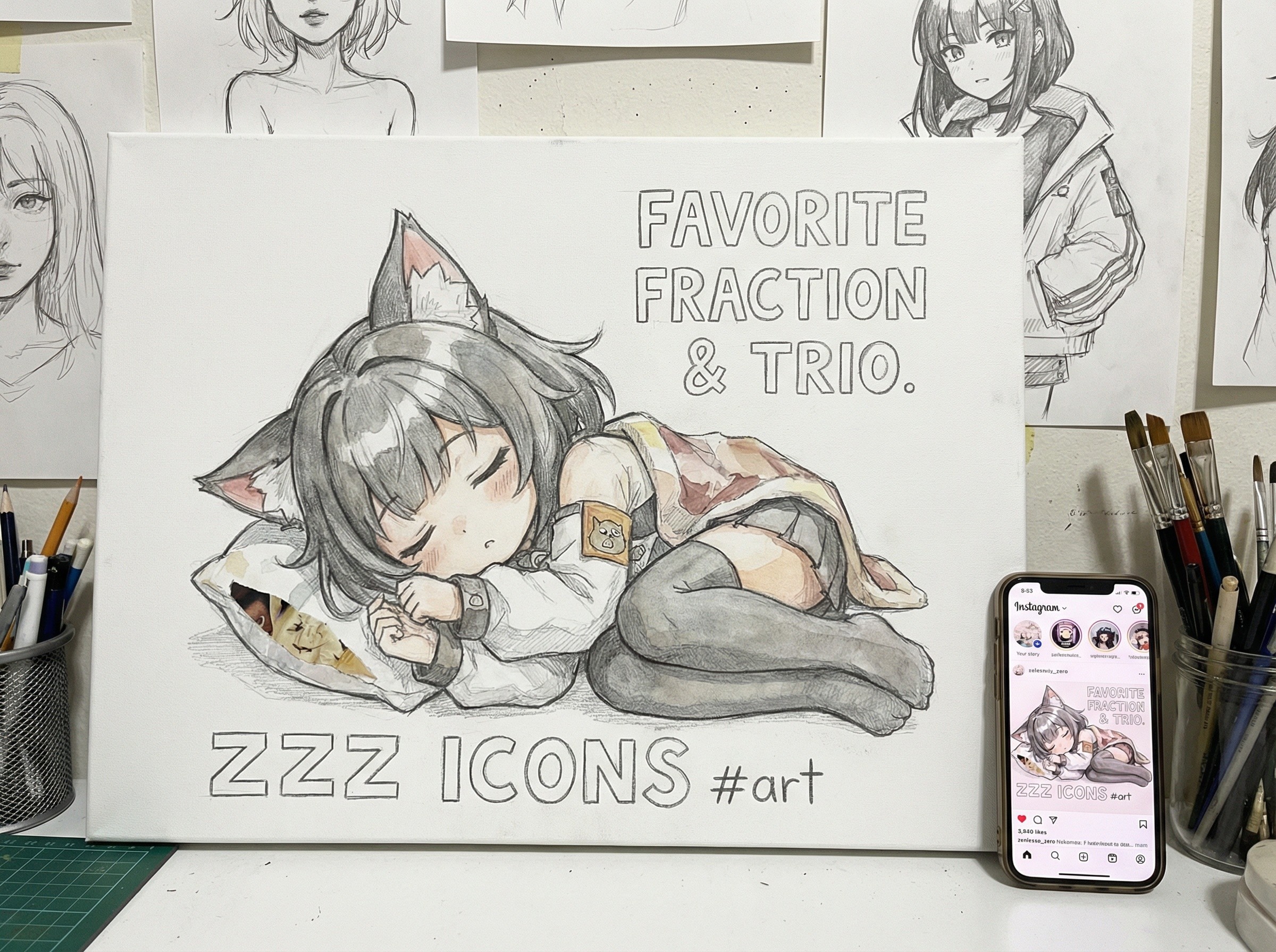 Art Supplies and Anime Illustration Flat Lay Setup