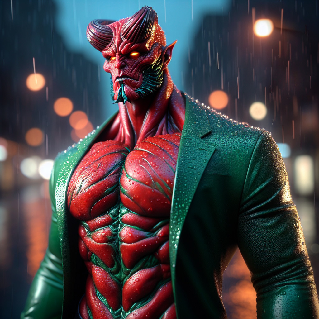 Muscular Demon Figure in Urban Rainy Setting