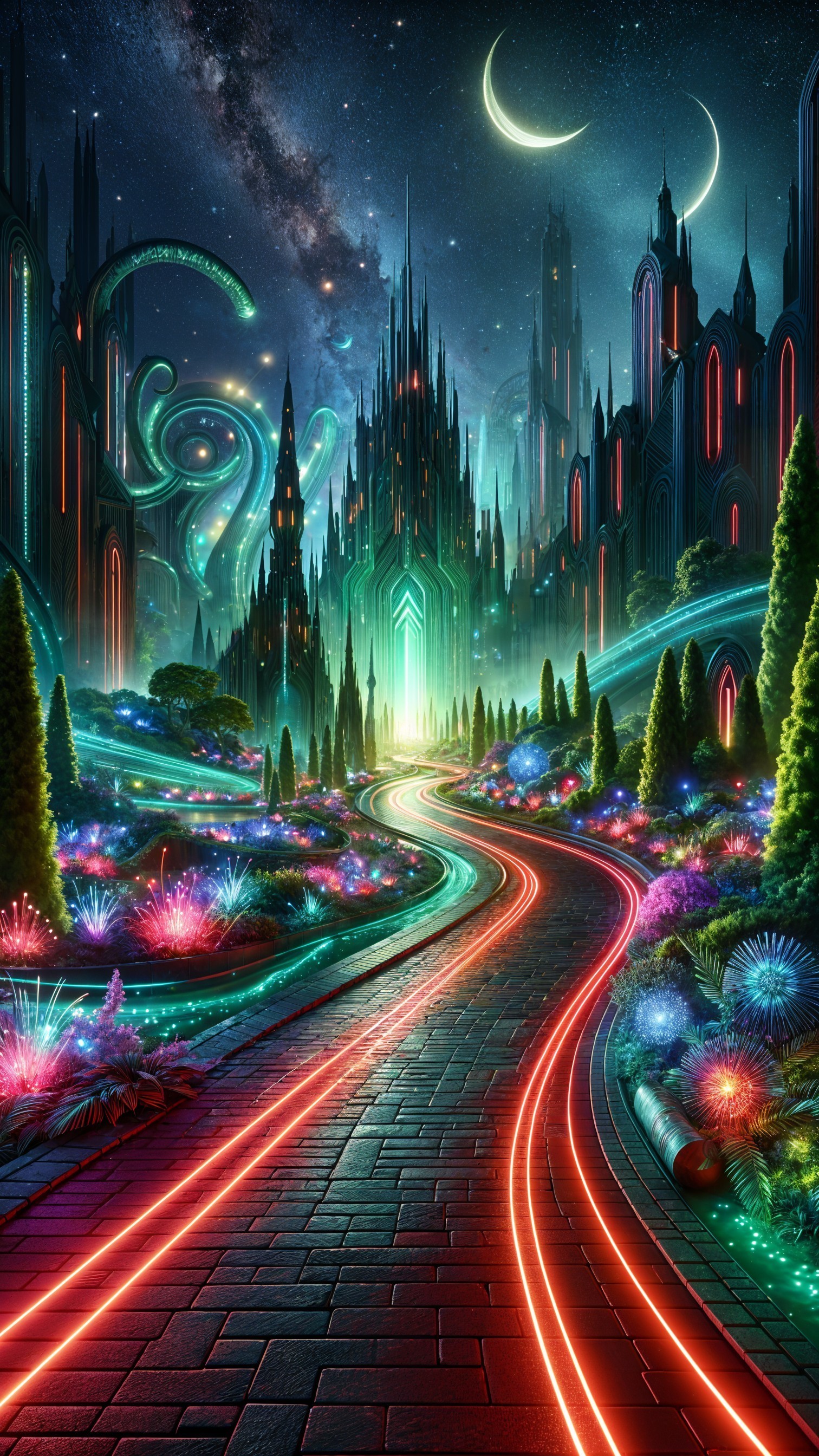 Futuristic landscape with crystalline structures and moons