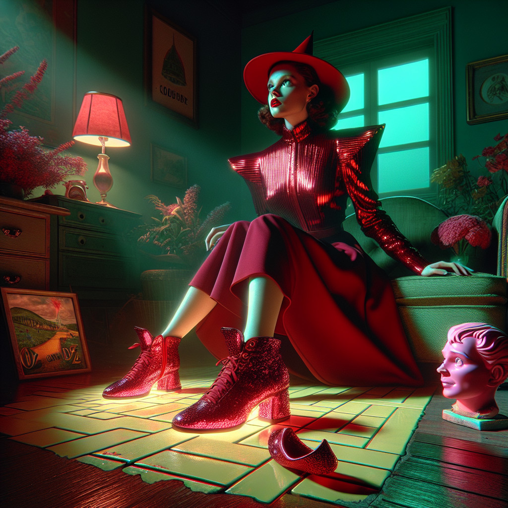 Elegant Woman in Red Dress in Whimsical Room Setting