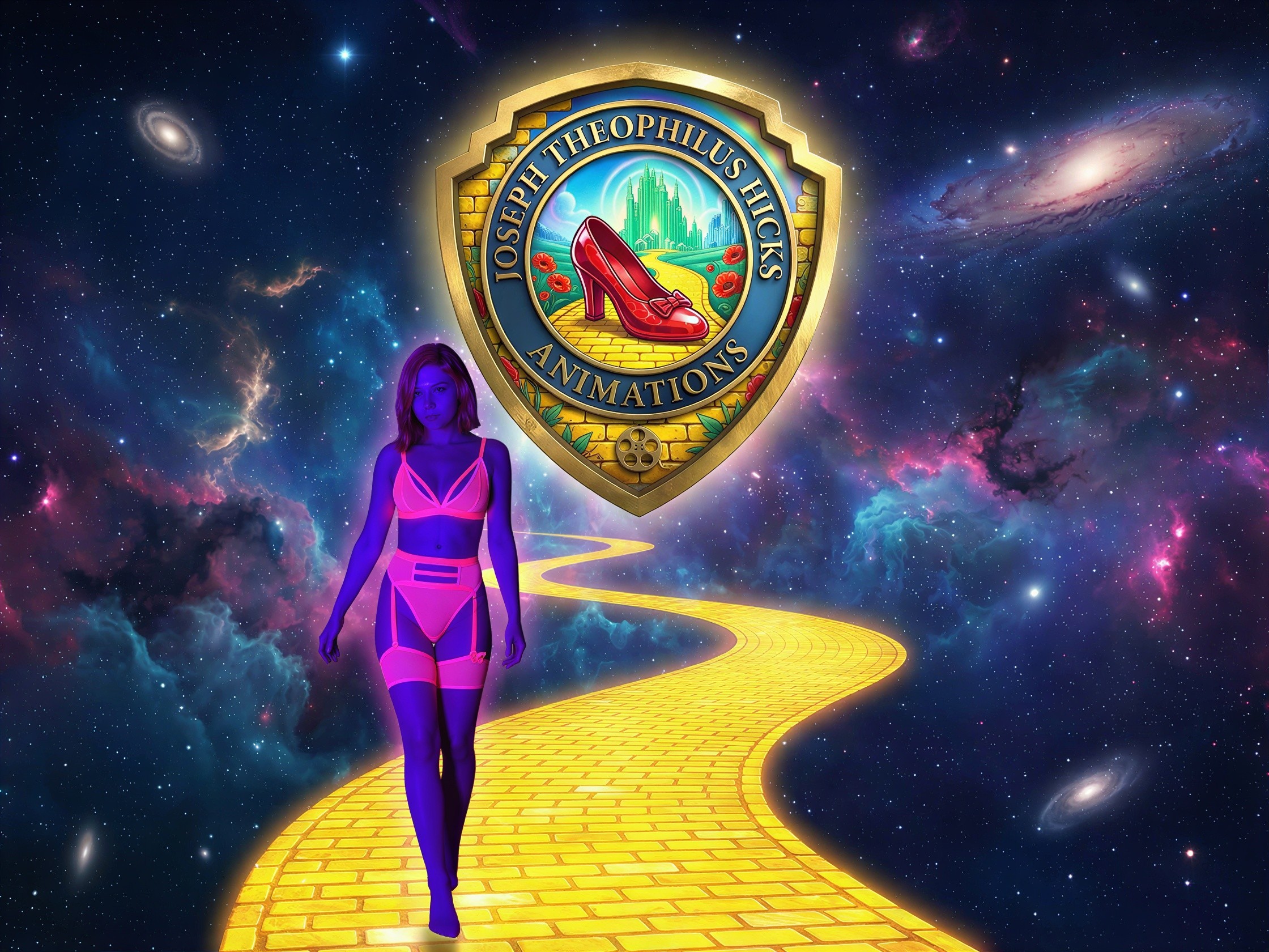 Woman in Neon Pink Outfit on Galactic Brick Road