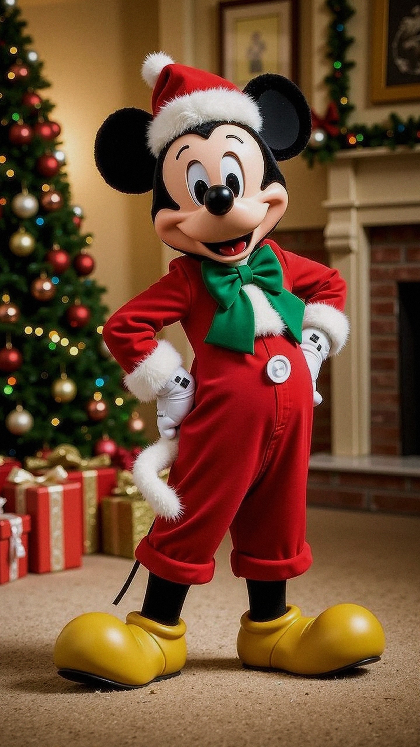 Cheerful Cartoon Mouse in Santa Outfit with Christmas Tree