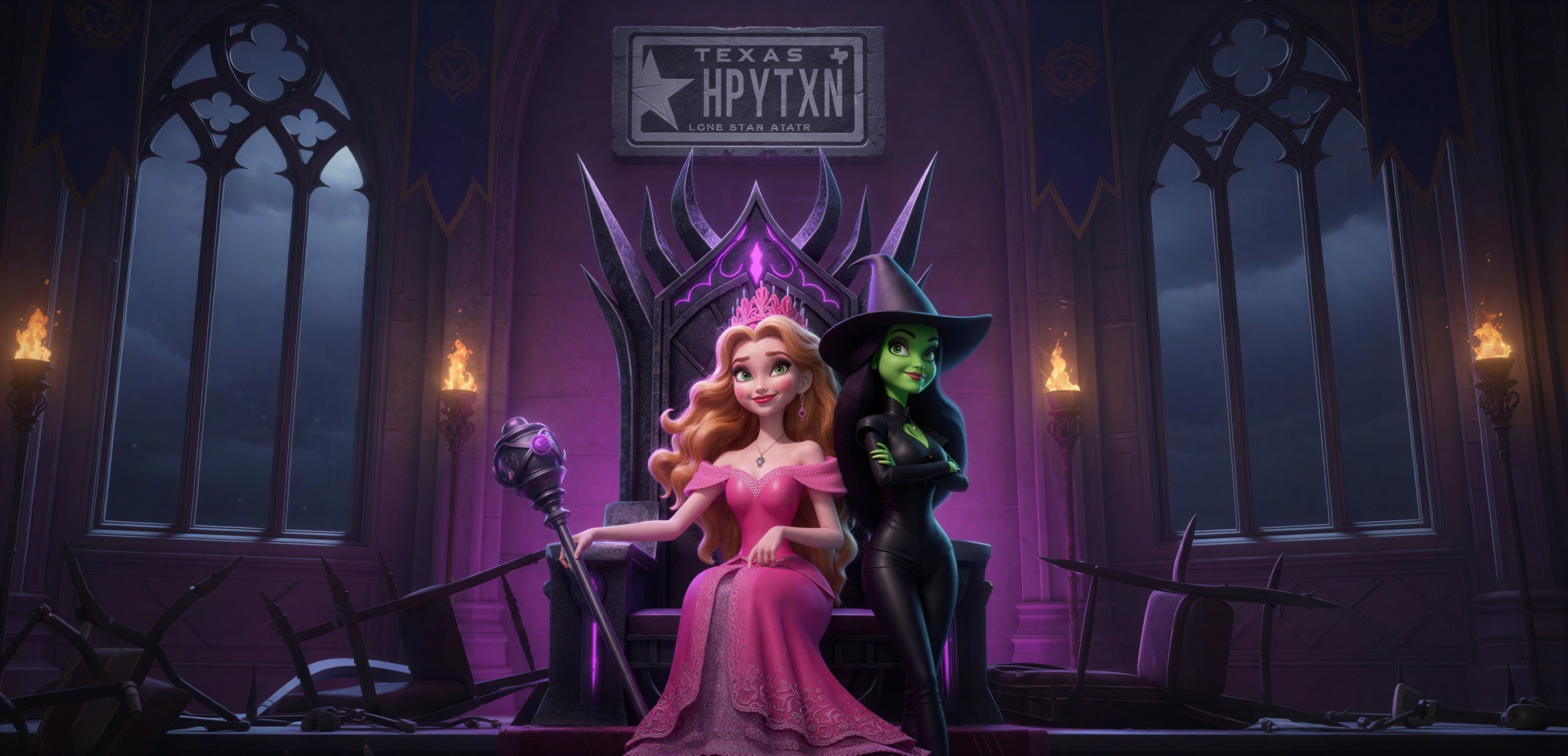 Princess and Witch in Dark Throne Room Setting