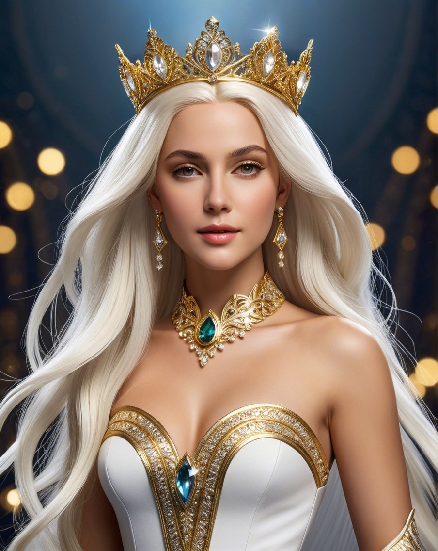 Regal figure with platinum hair and ornate crown