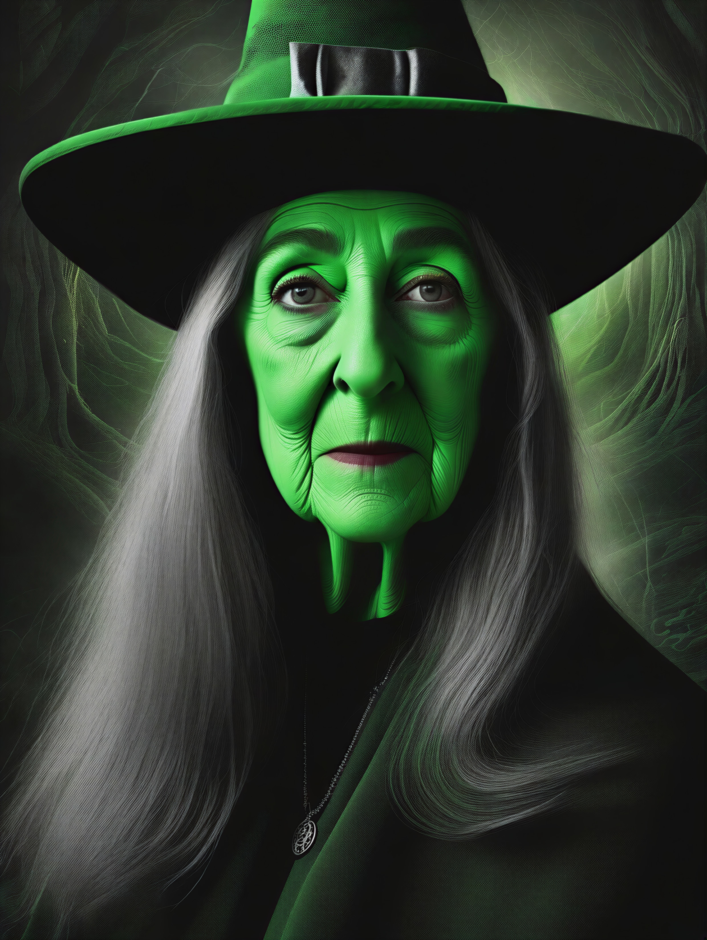 Mystical figure in enchanted forest with green skin