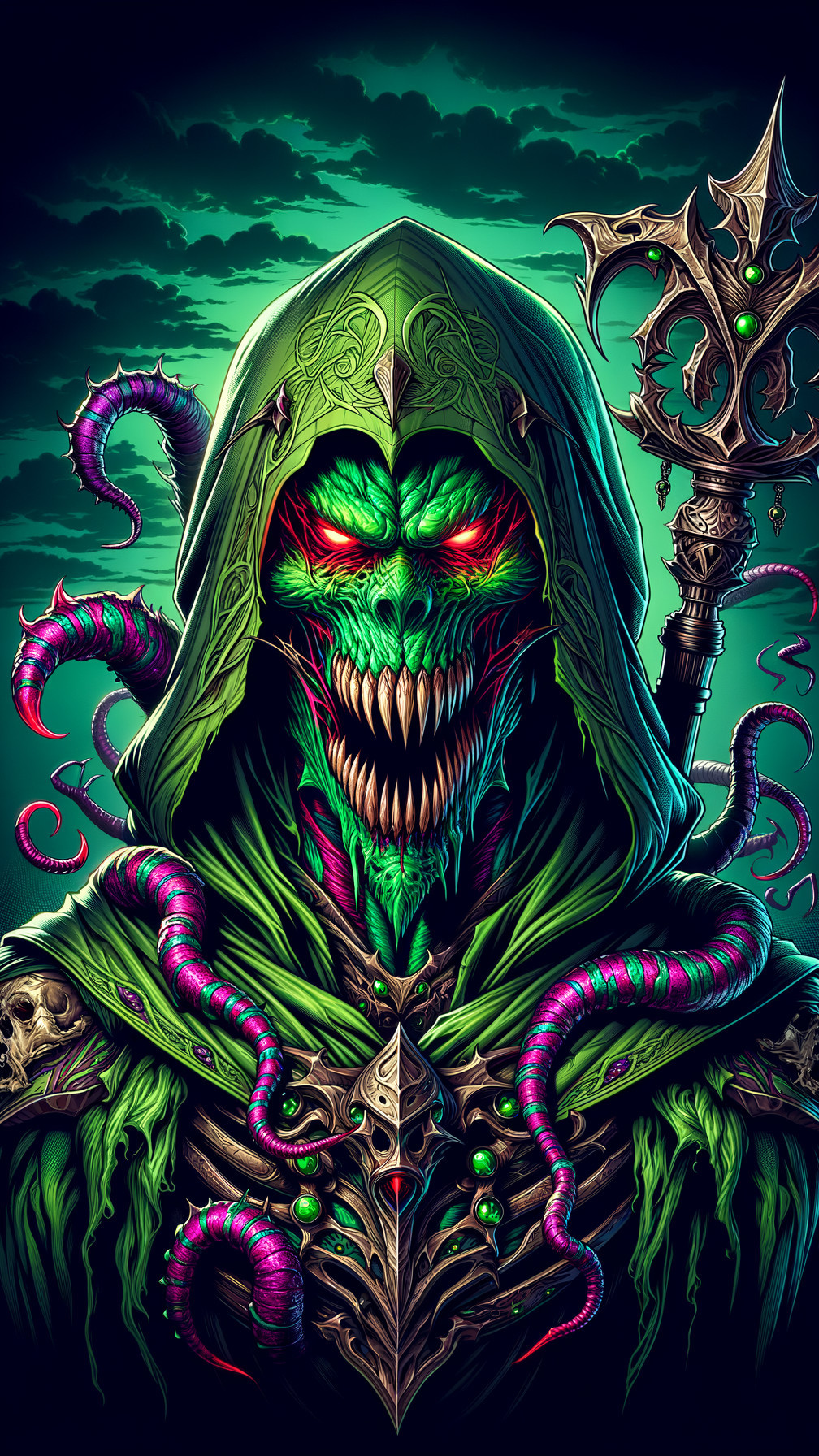 Menacing figure in dark cloak with skull face and tentacles