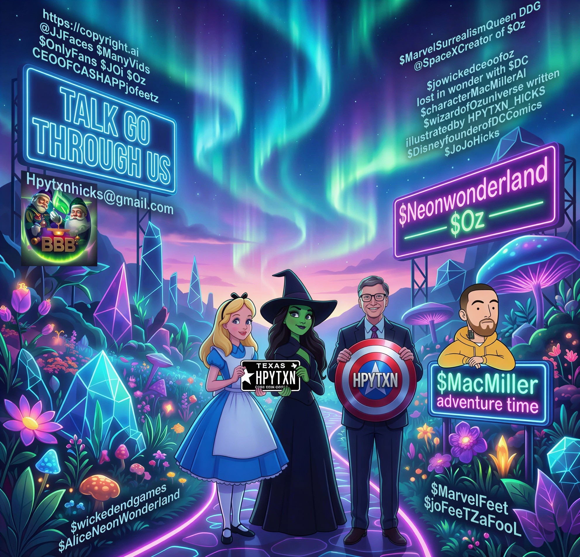 Vibrant Digital Art with Iconic Characters and Fantasy Elements