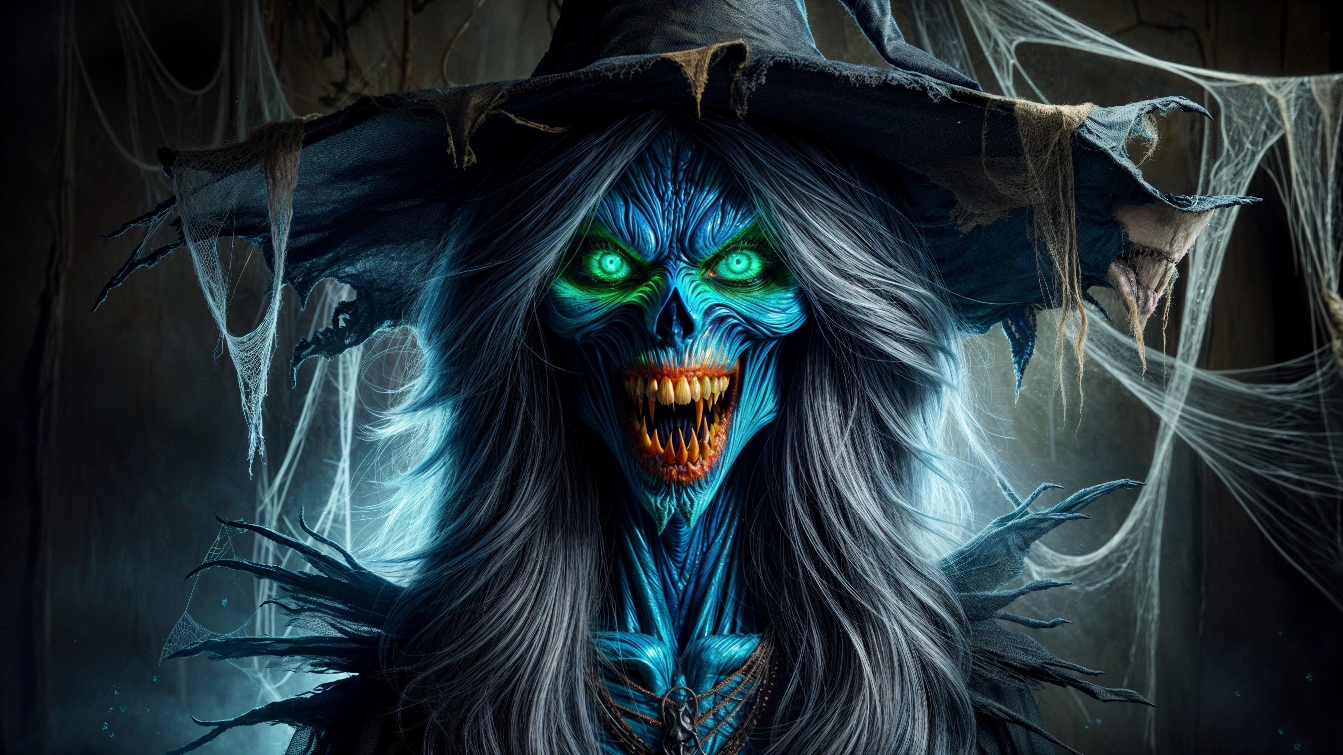 Sinister Figure with Icy Blue Skin and Green Eyes