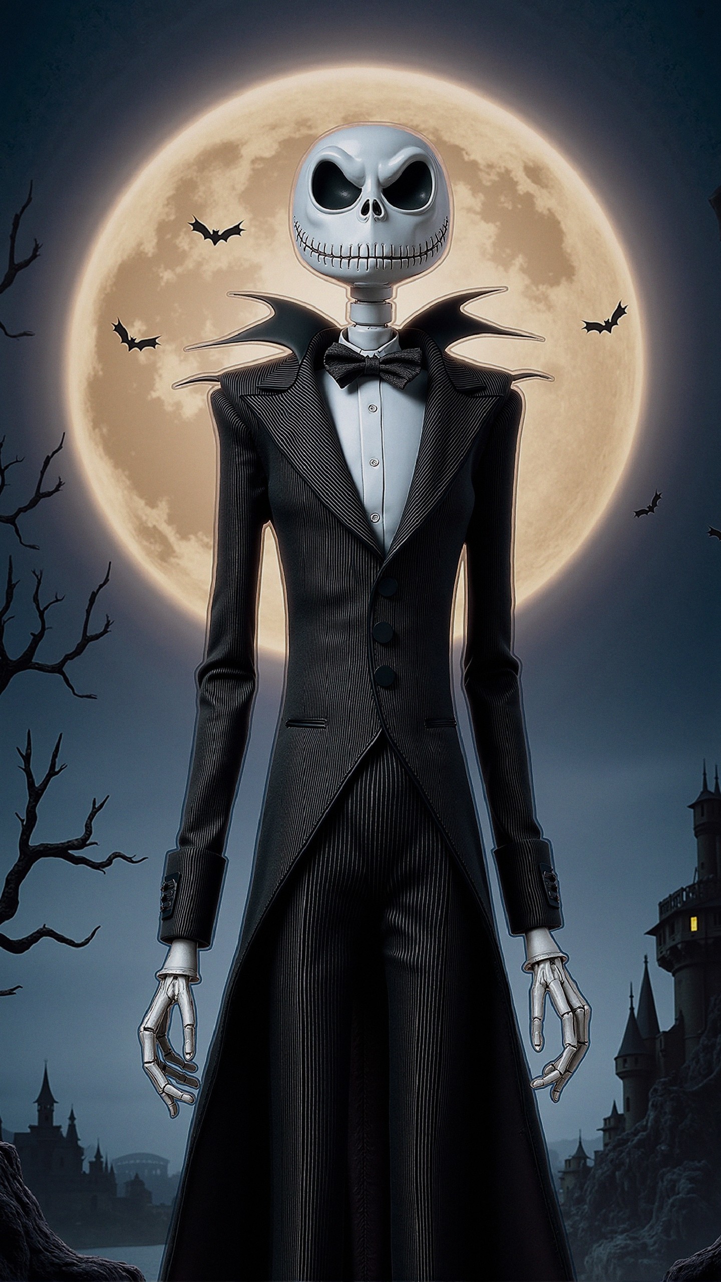 Skeletal Figure in Tuxedo Against Moonlit Background