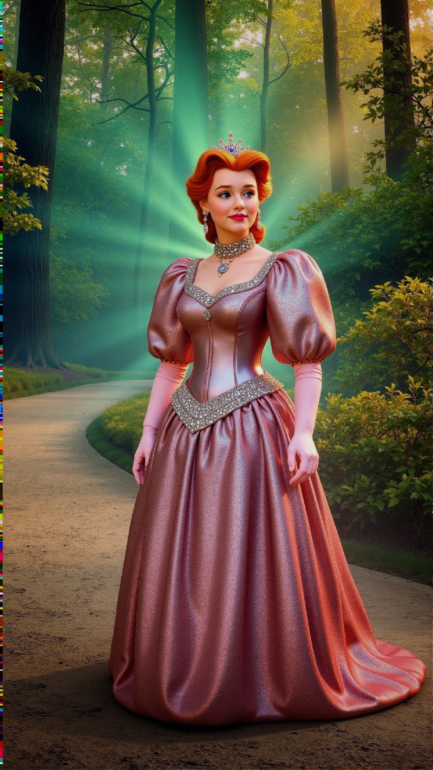 Princess in Pink Gown in Enchanted Forest Setting