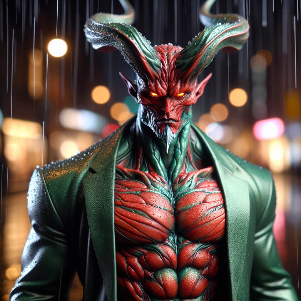 Muscular Humanoid Figure with Red Skin in Rain