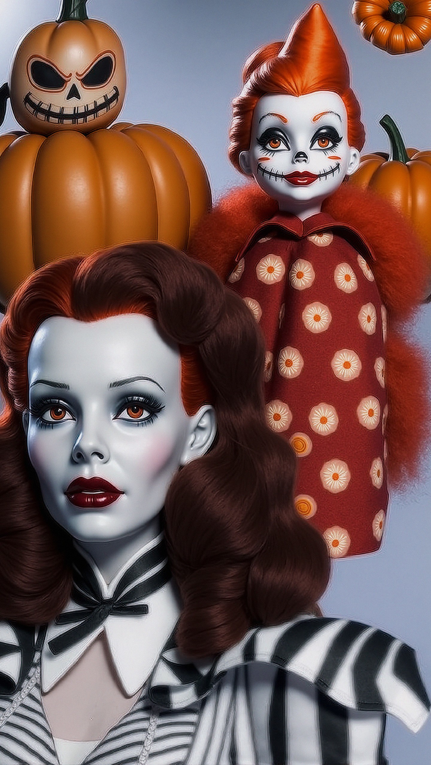 Stylized Halloween Dolls with Decorative Pumpkins