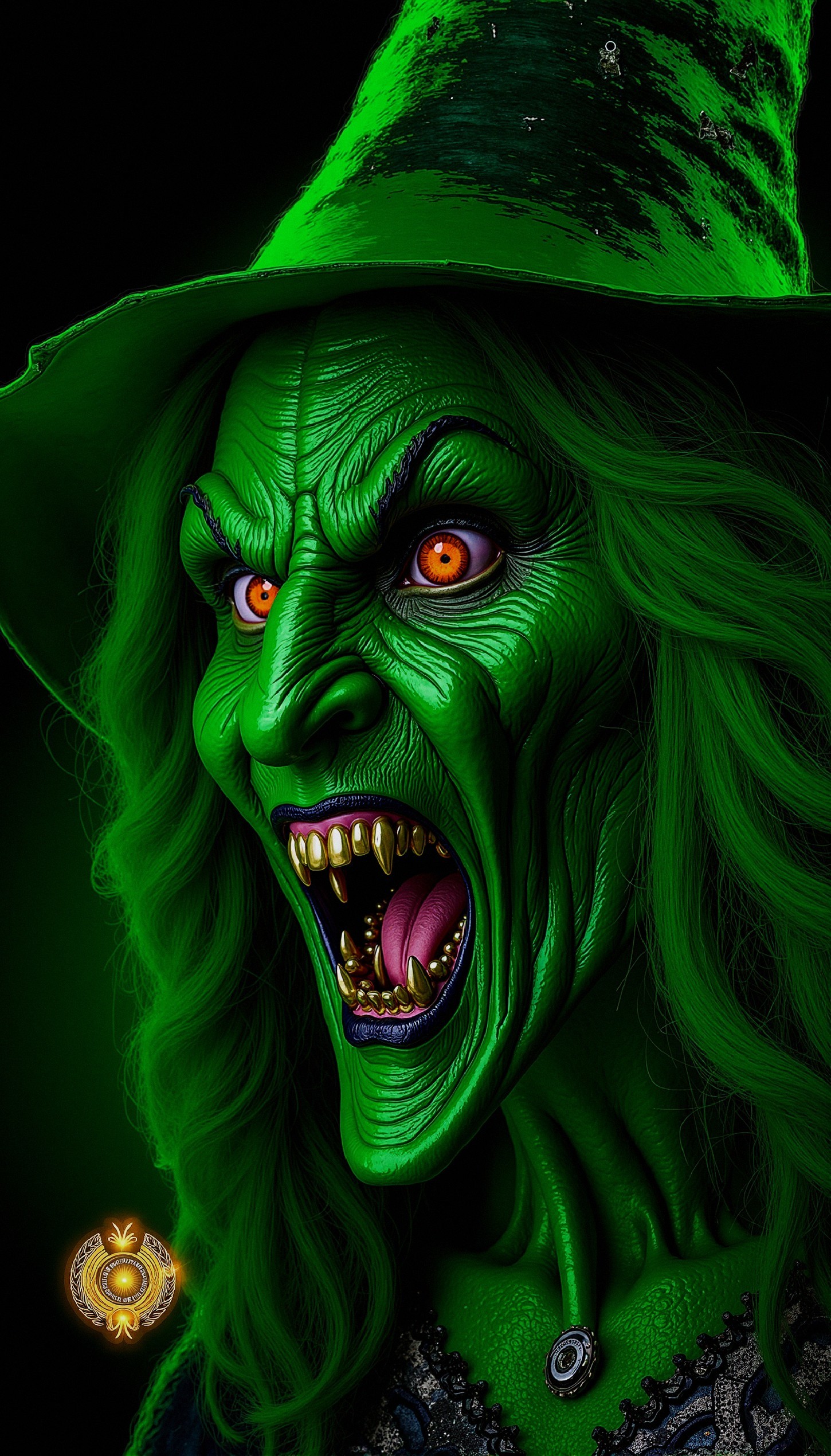 Intense Green-Skinned Witch with Orange Eyes and Hat