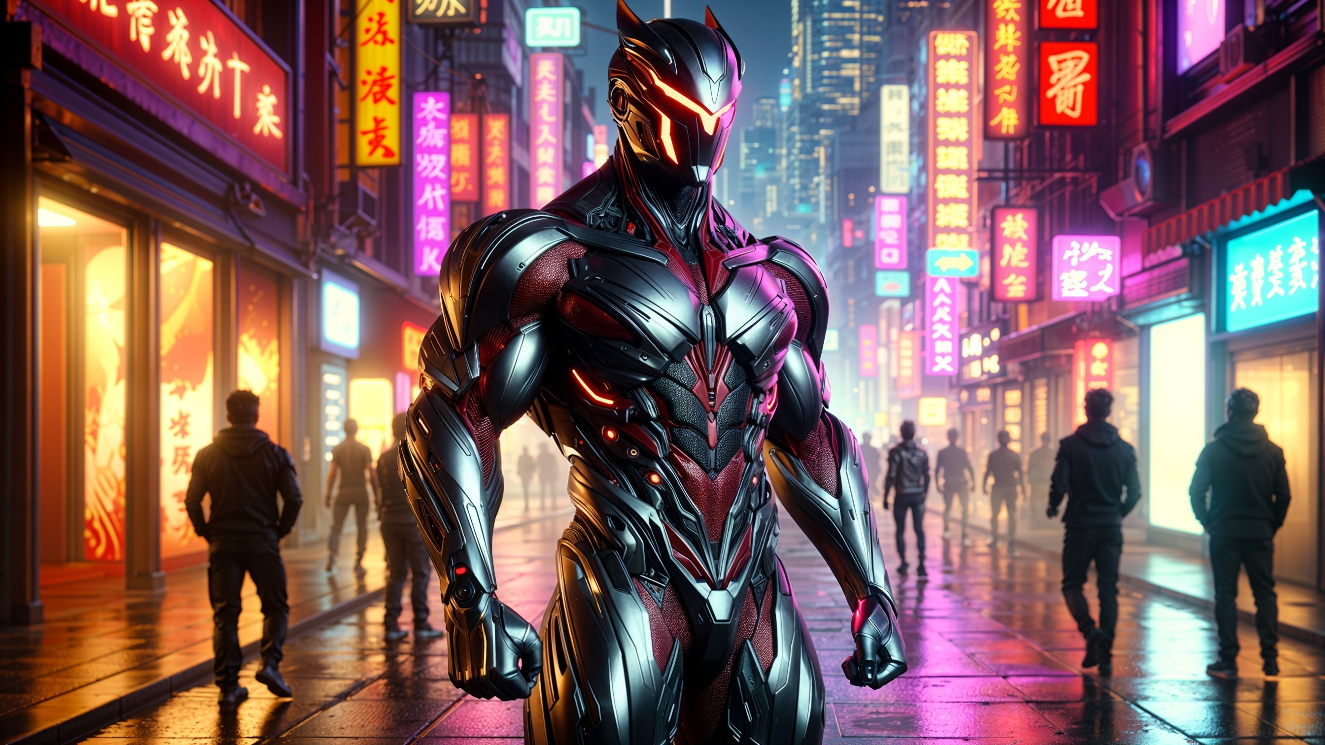 Futuristic cityscape at night with armored figure