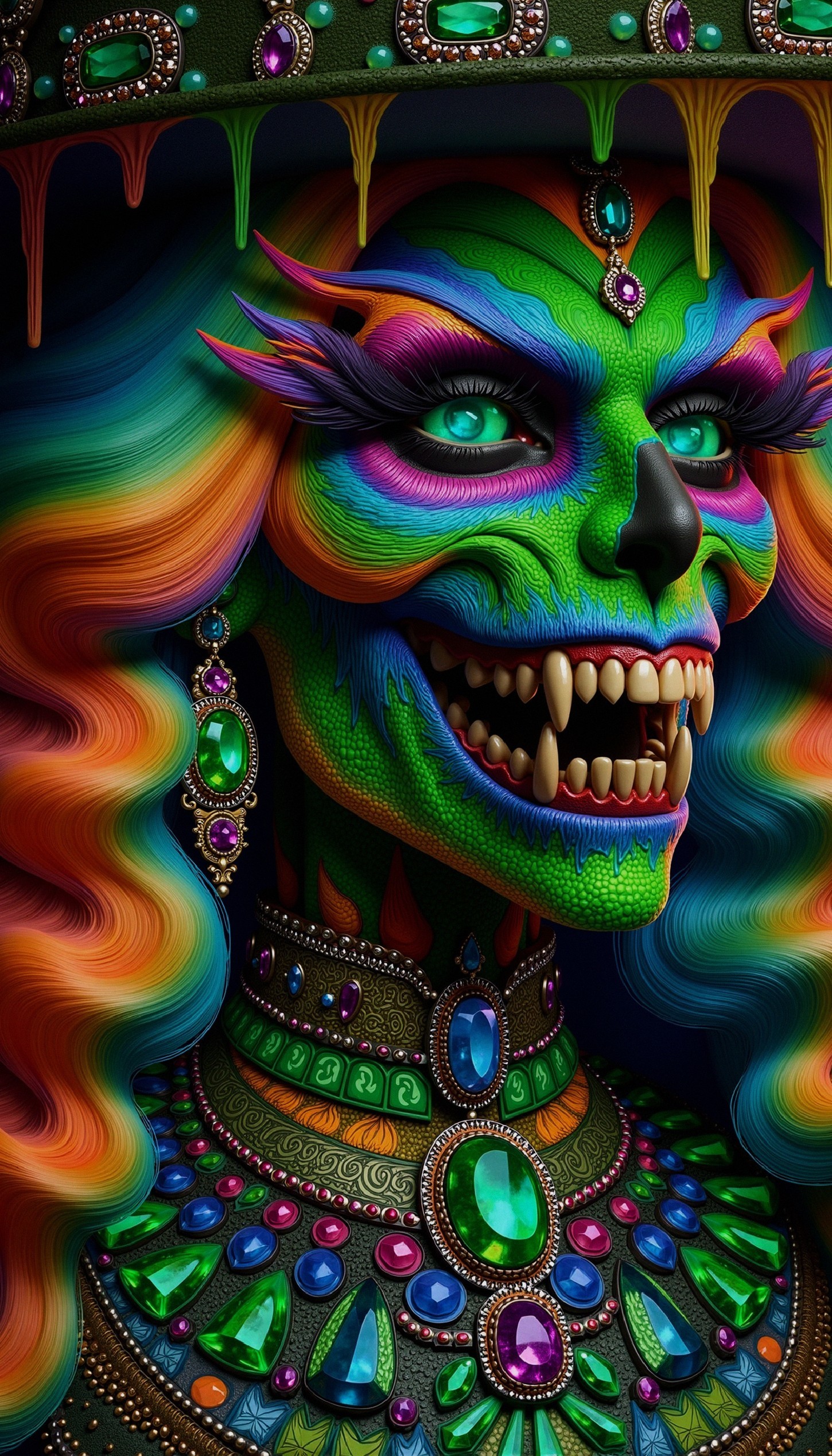 Vibrant Character with Green Skin and Colorful Hair