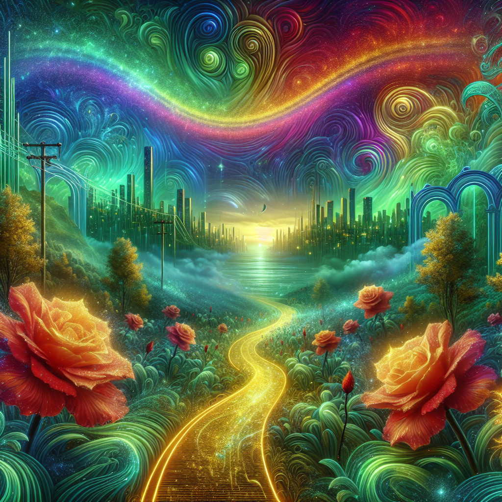 Surreal Landscape with Golden Path and Colorful Roses