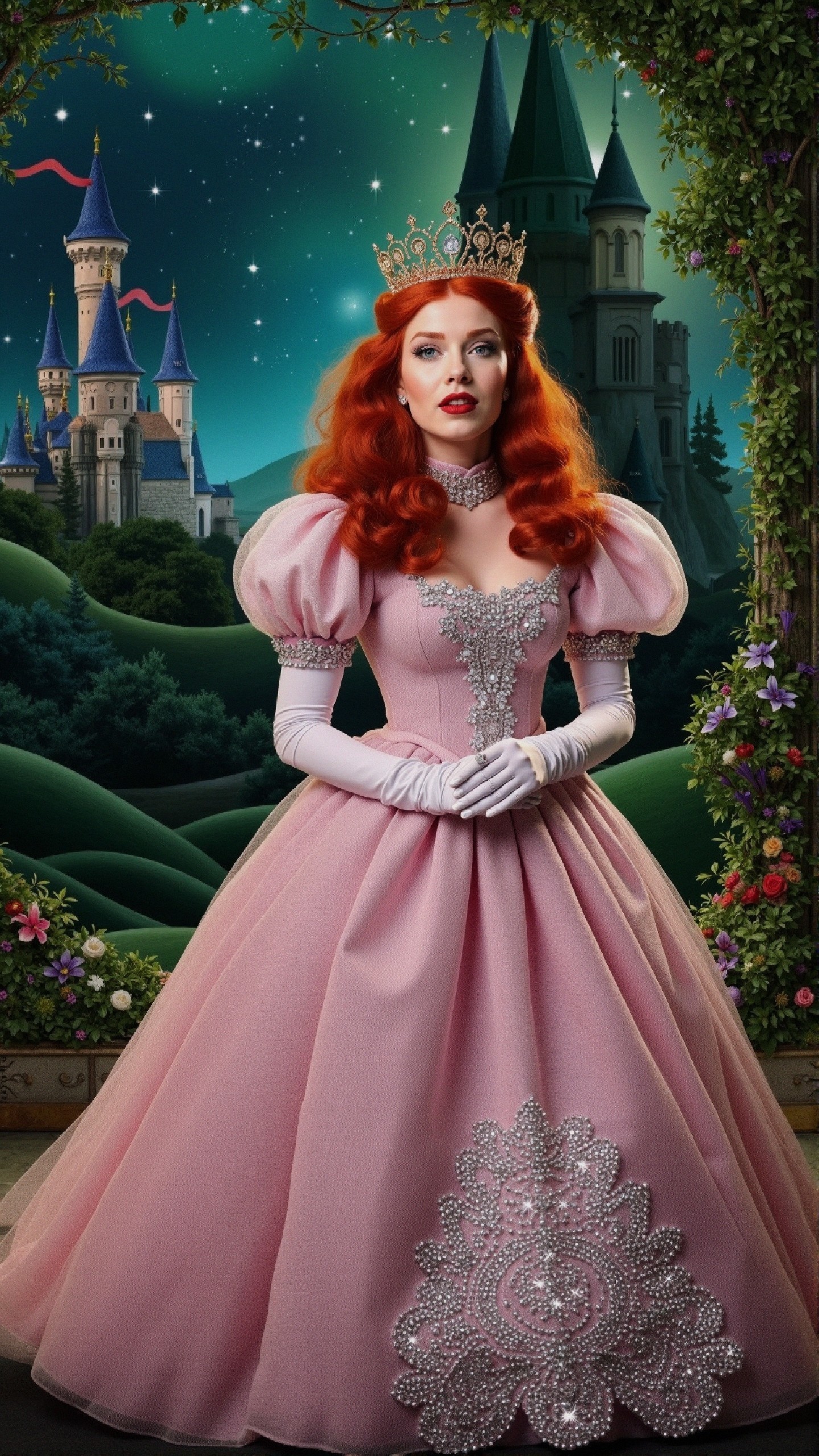 Regal princess in pink ball gown with fairytale castle