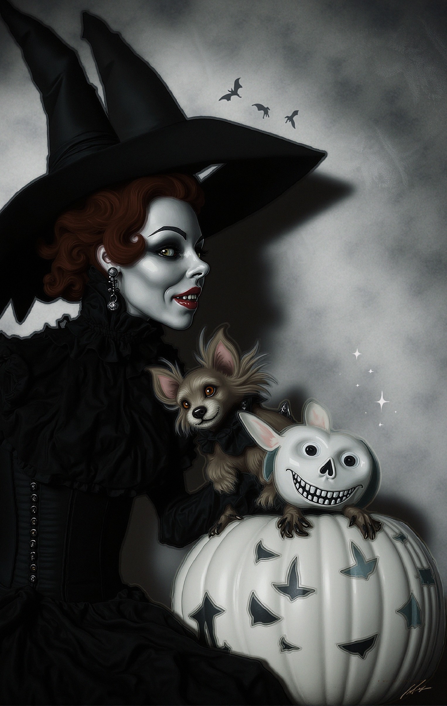 Stylish Witch with Dog and Pumpkin in Eerie Setting