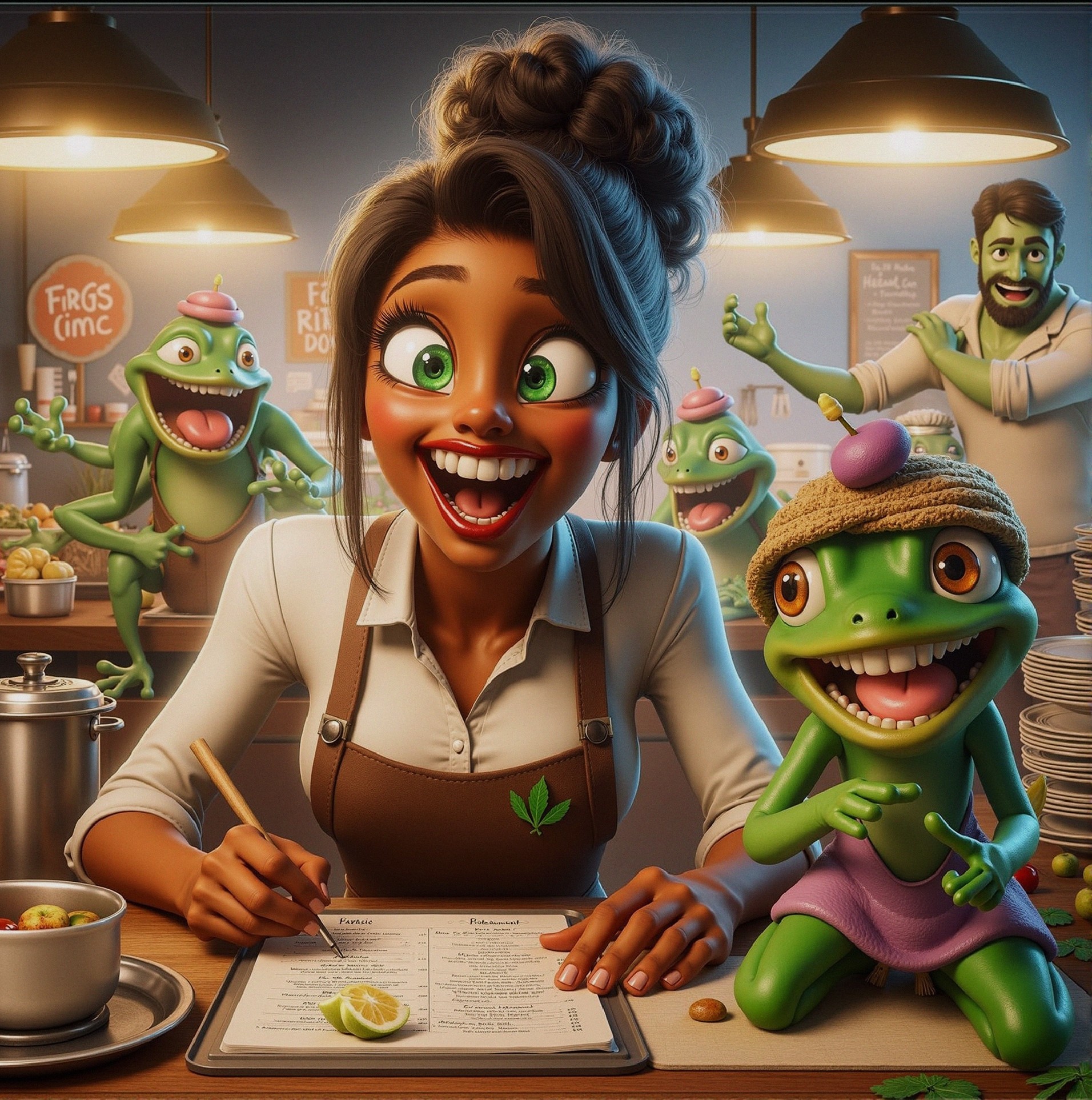 Cheerful Woman in Restaurant with Playful Frogs