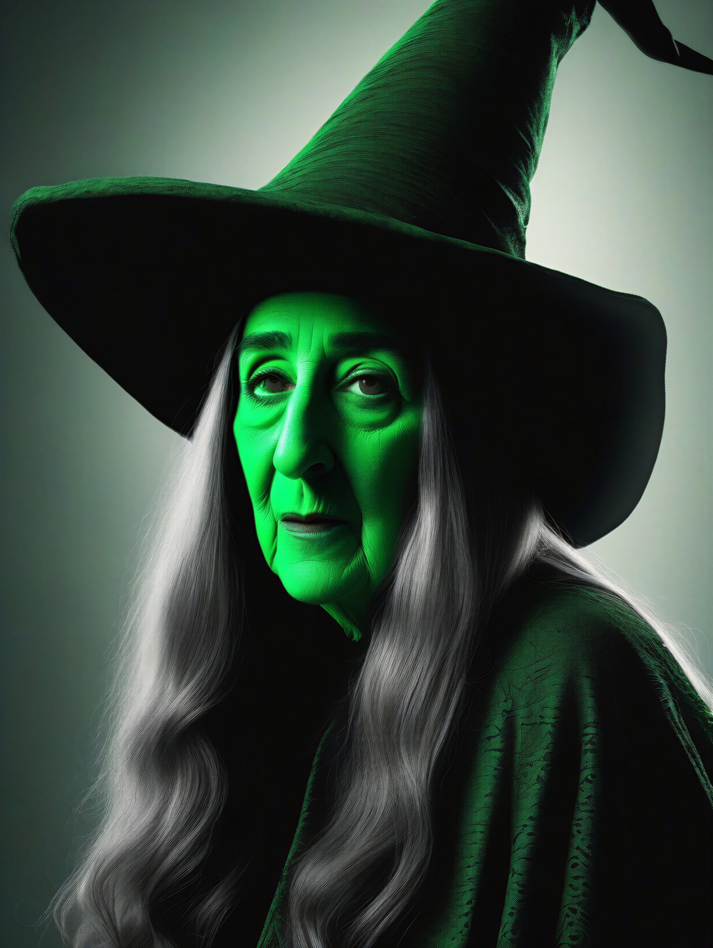 Elderly Witch with Silver Hair and Green Skin