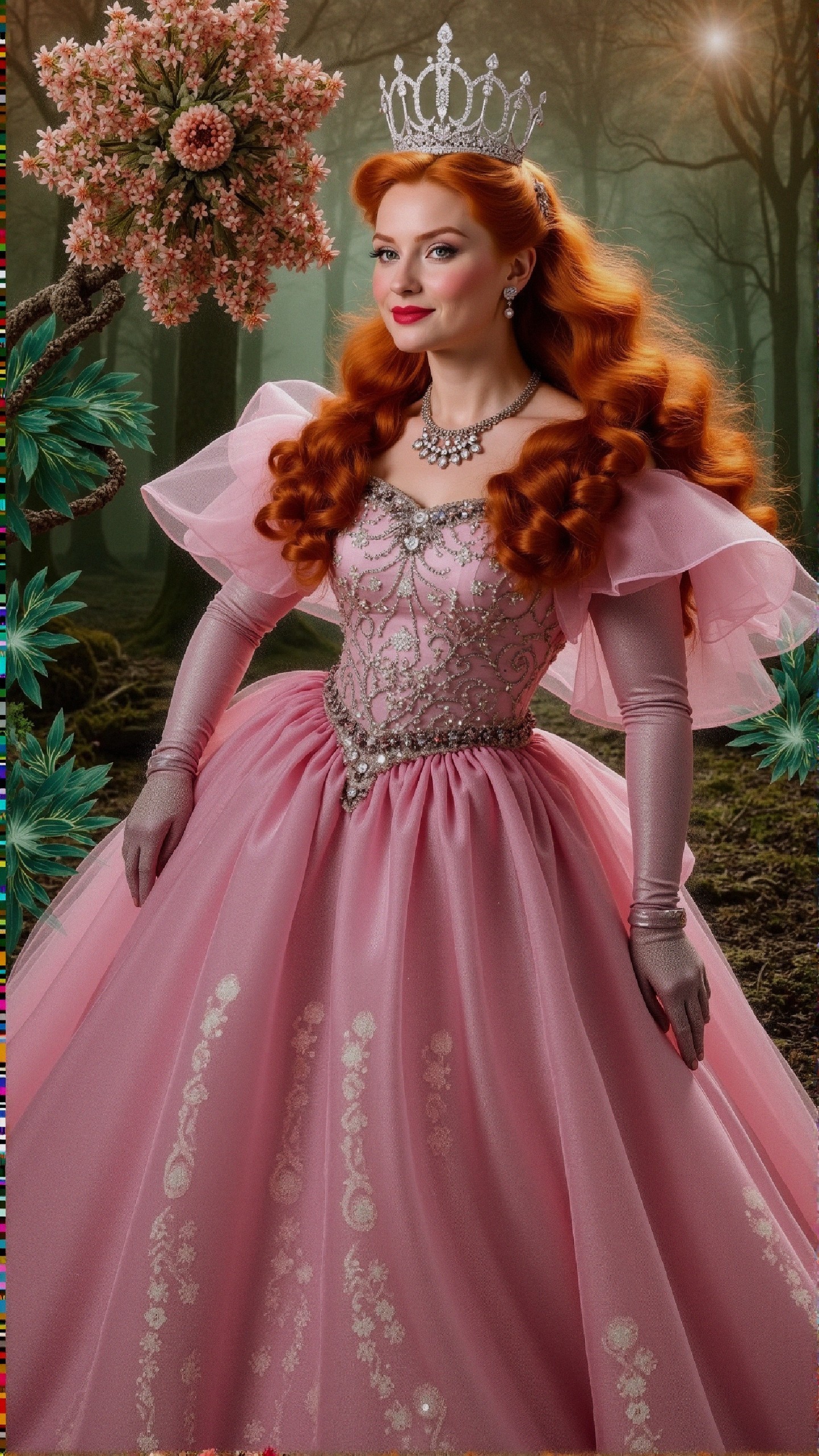 Regal Figure in Pink Gown in Mystical Forest Setting