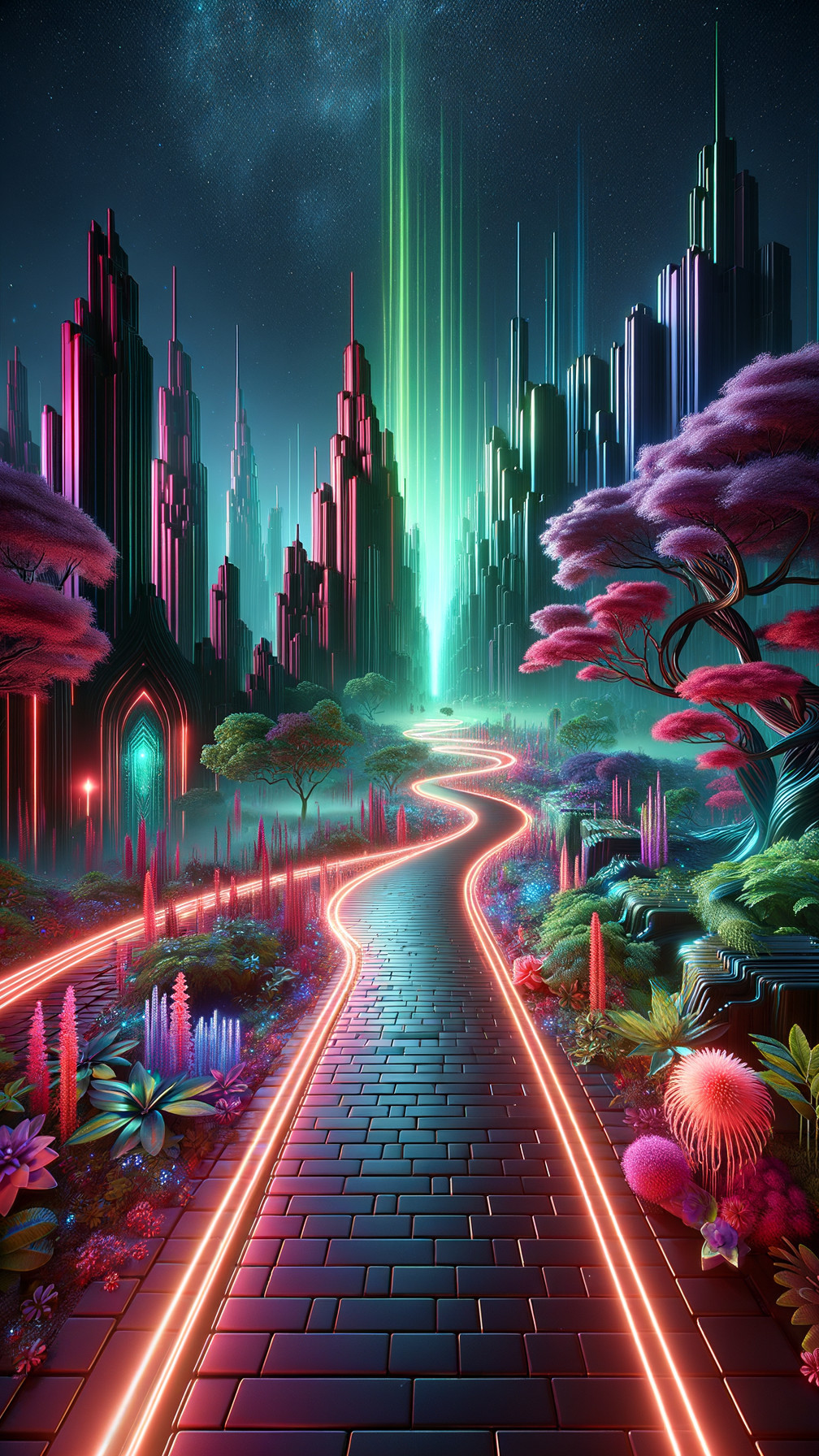 Vibrant Otherworldly Landscape with Neon Lights and Mountains