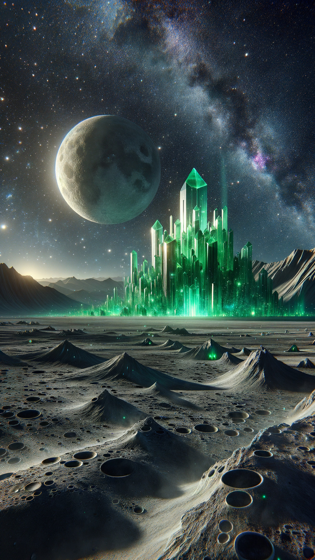 Alien Landscape with Emerald Crystals and Starry Sky