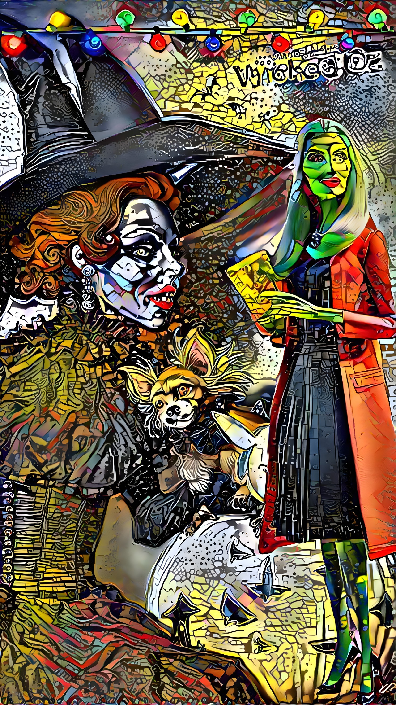 Colorful Abstract Art of a Witch and Woman in Red