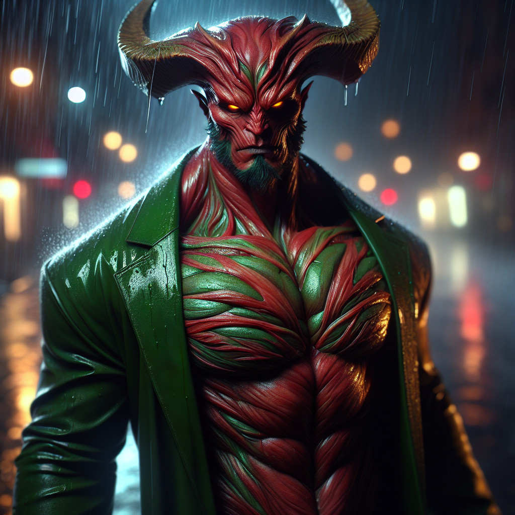 Muscular Demonic Figure Under Rainy Streetlight