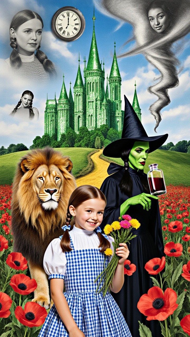 Young girl with lion and witch in vibrant landscape