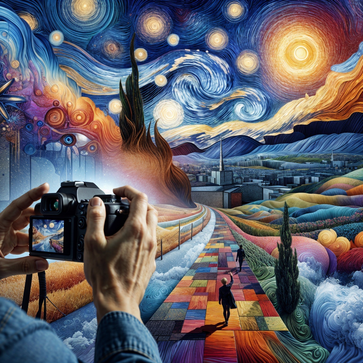 Surreal Landscape with Colorful Path and Figures