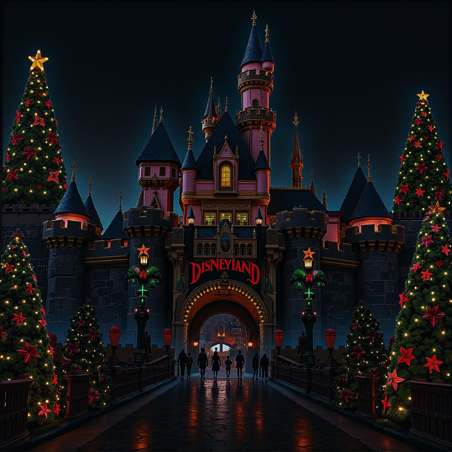 Disneyland Castle with Holiday Decorations and Lights