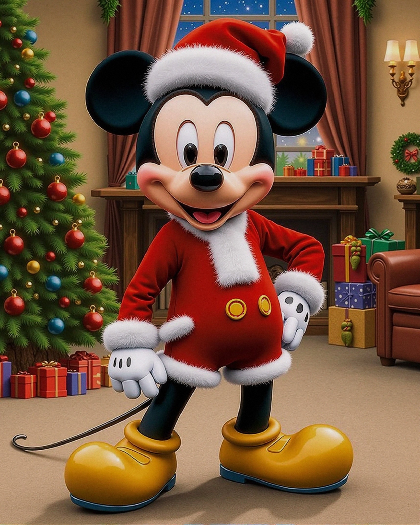 Mickey Mouse in Santa Suit in Festive Christmas Room
