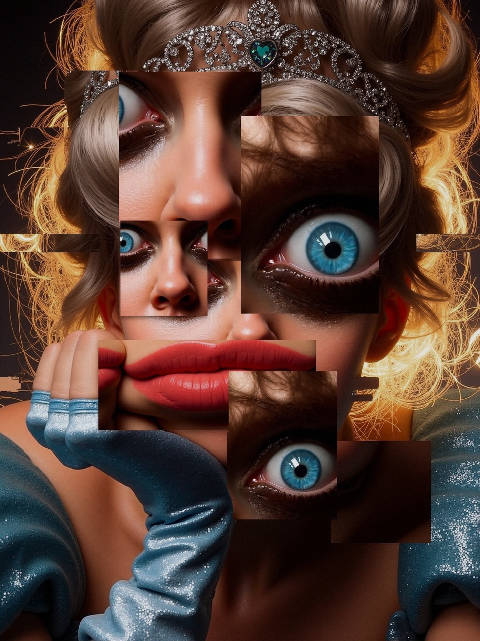 Surreal Portrait with Fragmented Facial Elements and Glow