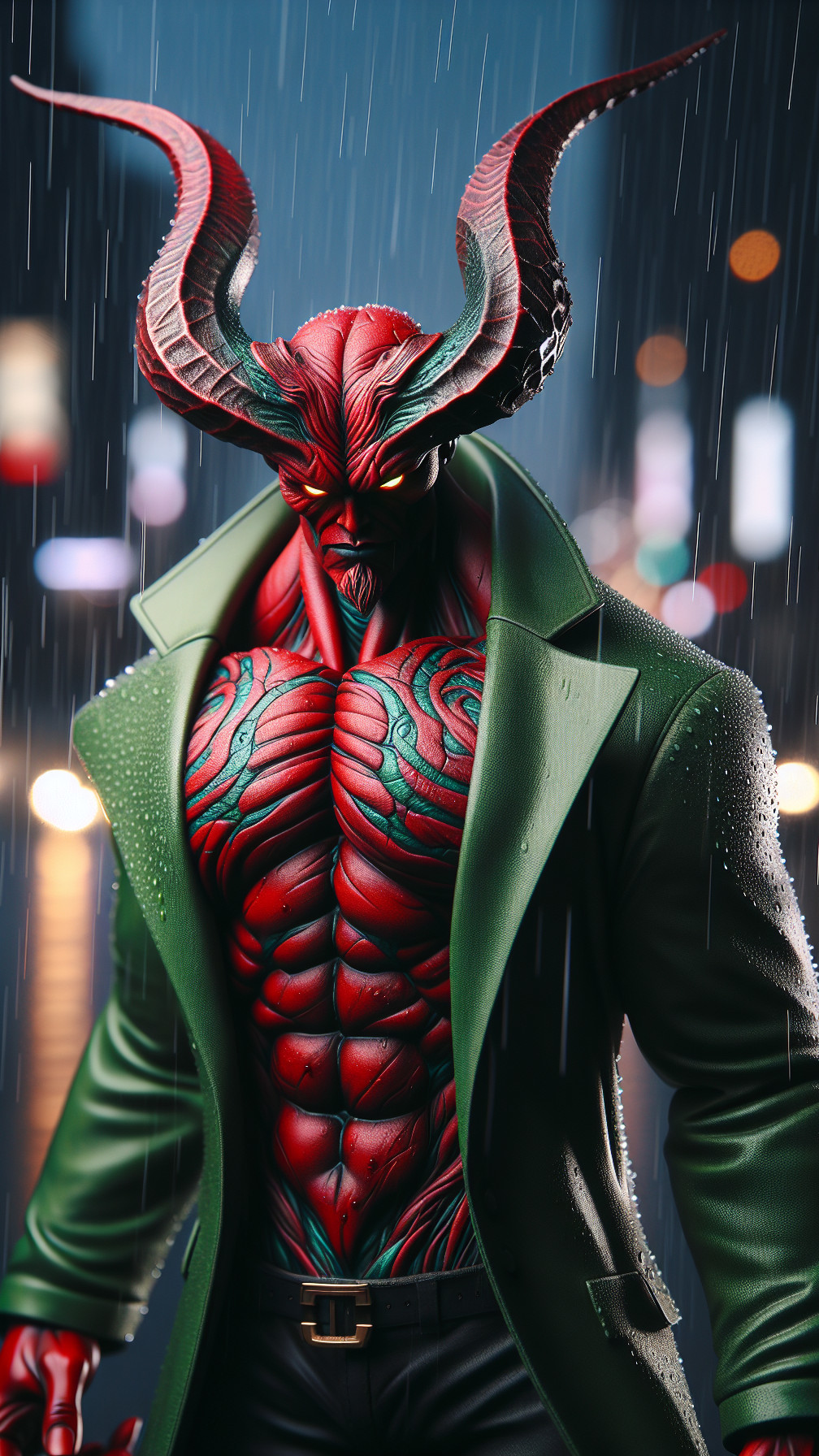 Muscular Red-Skinned Character in Rainy City Scene