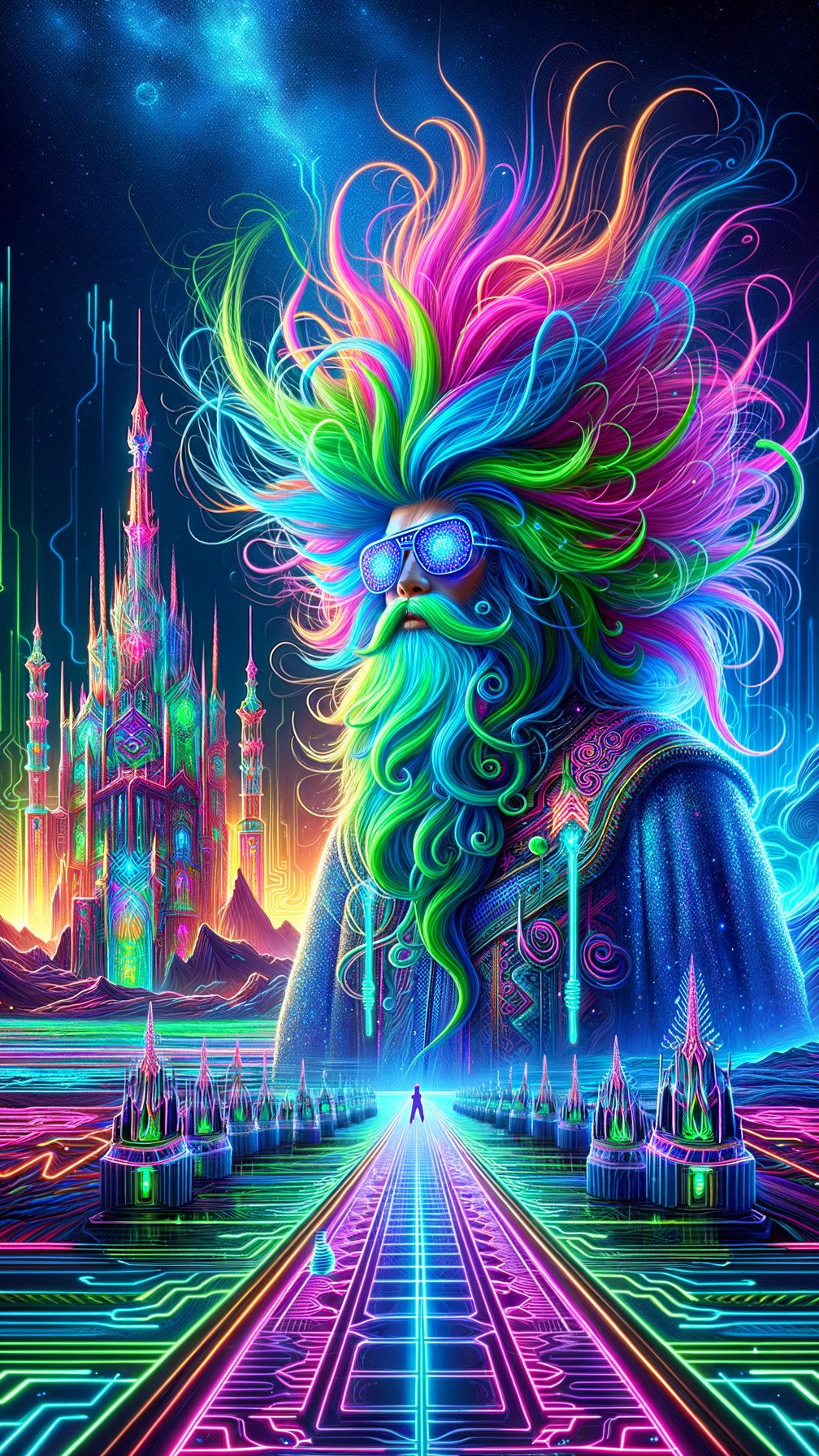 Surreal Scene with Colorful Figure in Neon Landscape