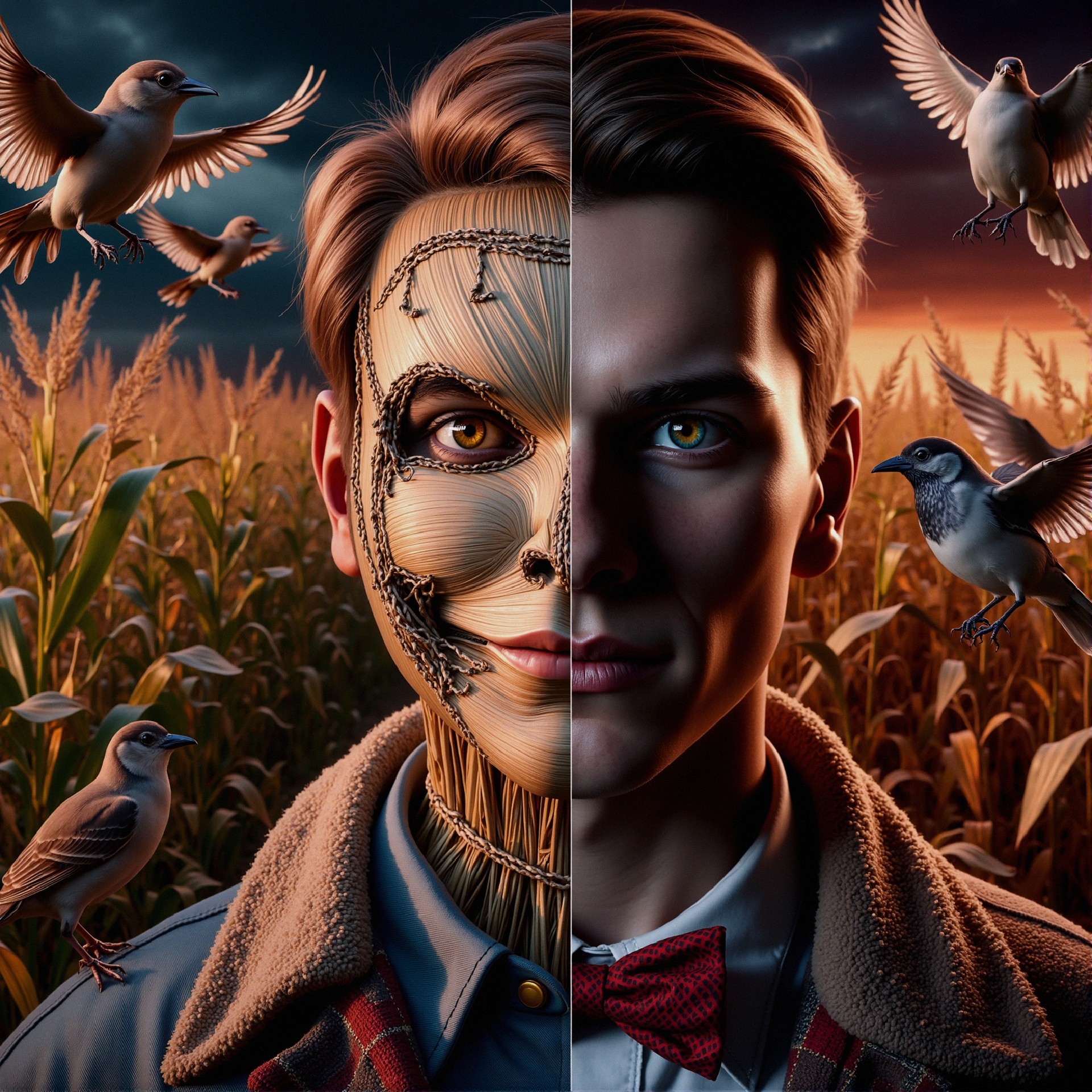 Split-Face Design of Scarecrow and Young Man