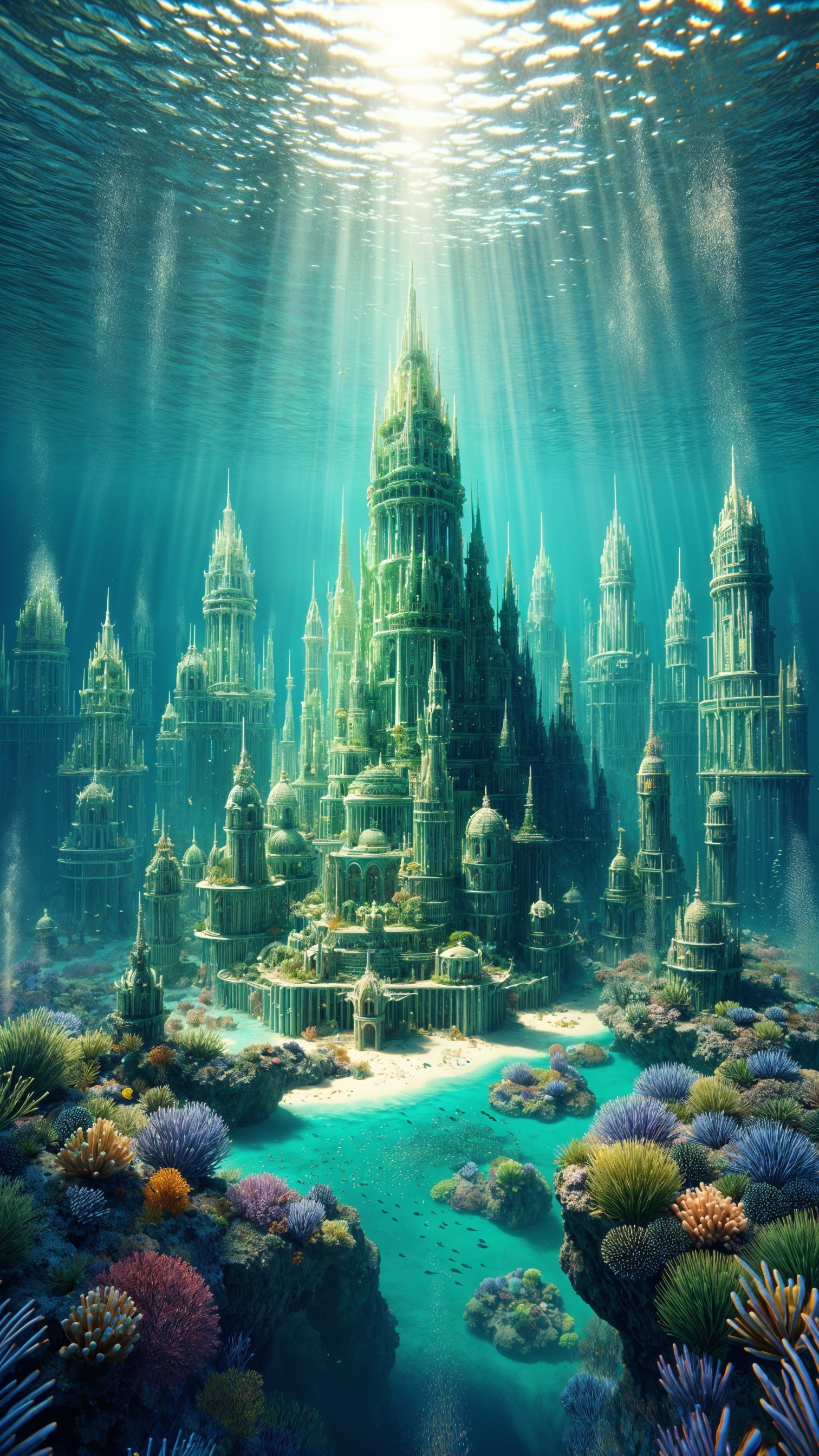 Underwater City with Coral Castles and Marine Life