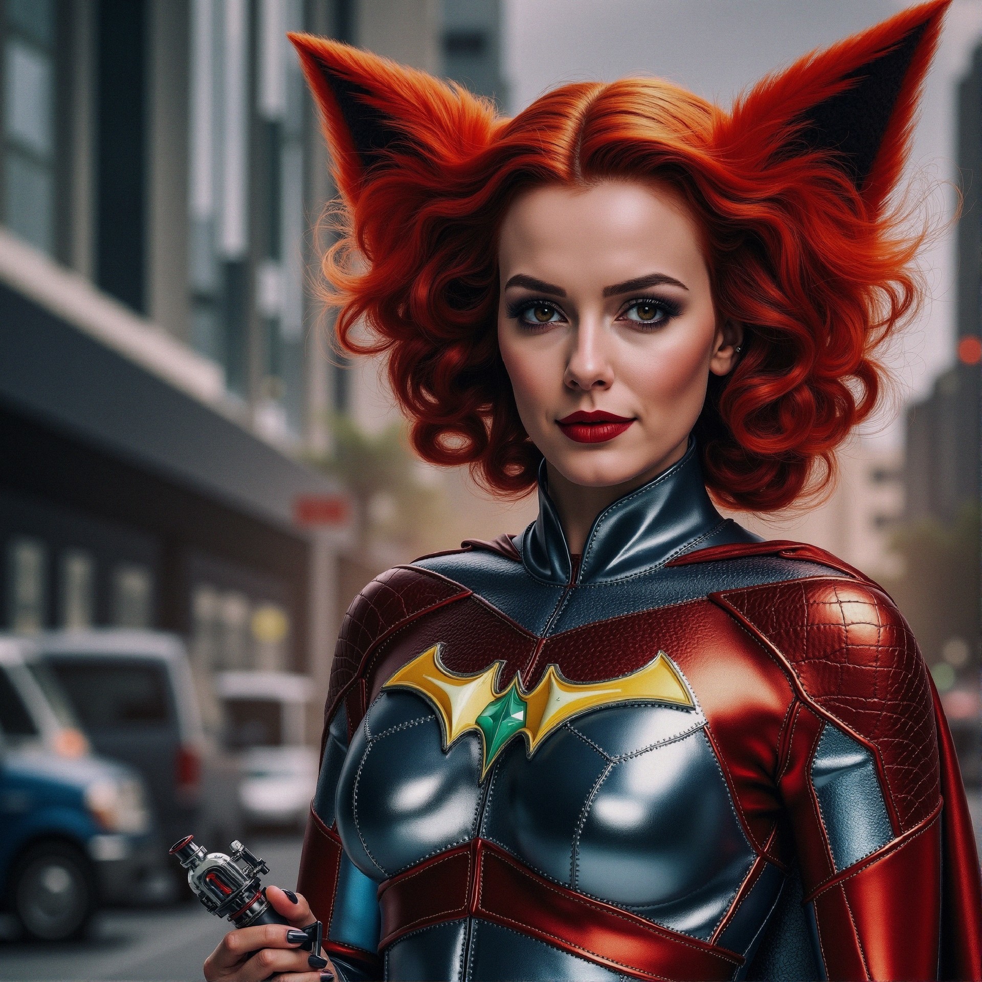 Female superhero in urban setting with bat emblem costume