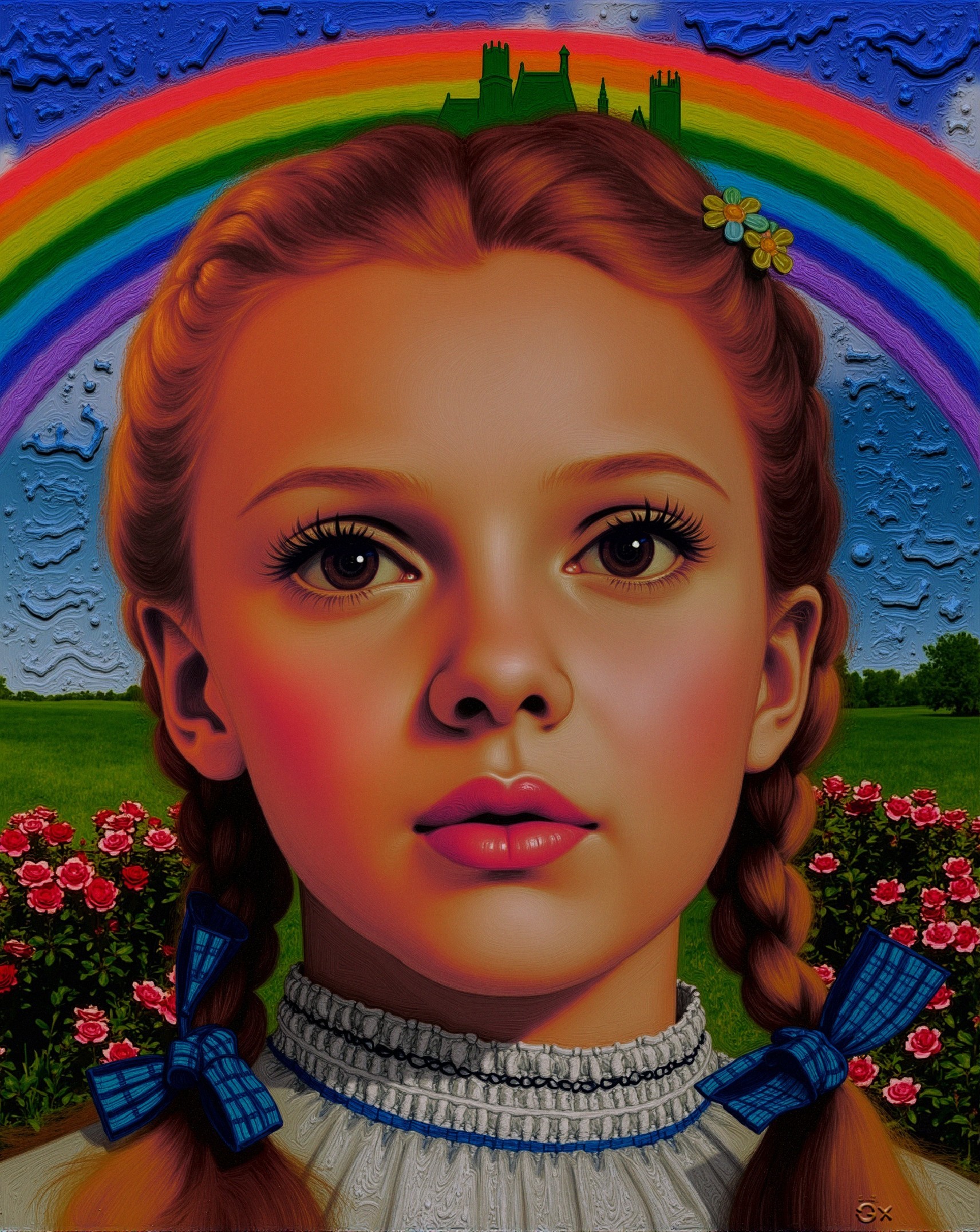 Young girl in vintage dress with rainbow backdrop