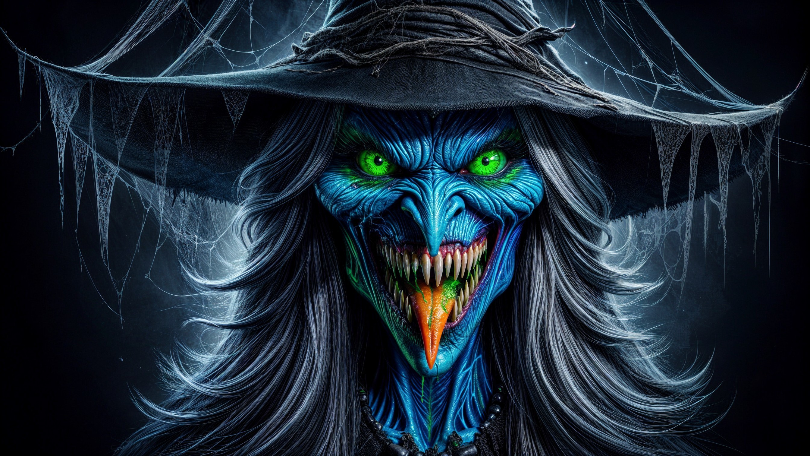 Malevolent witch with blue skin and eerie features